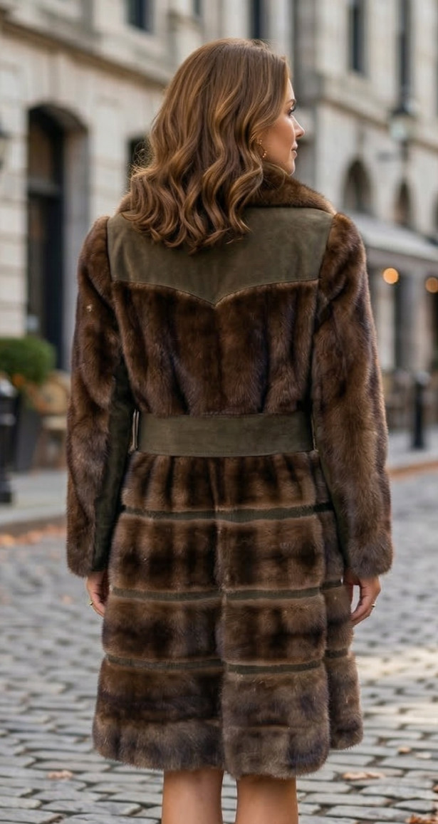 Vintage Real Mink Fur & Suede Metal Belted Coat Mod Paneled Design AS IS Medium