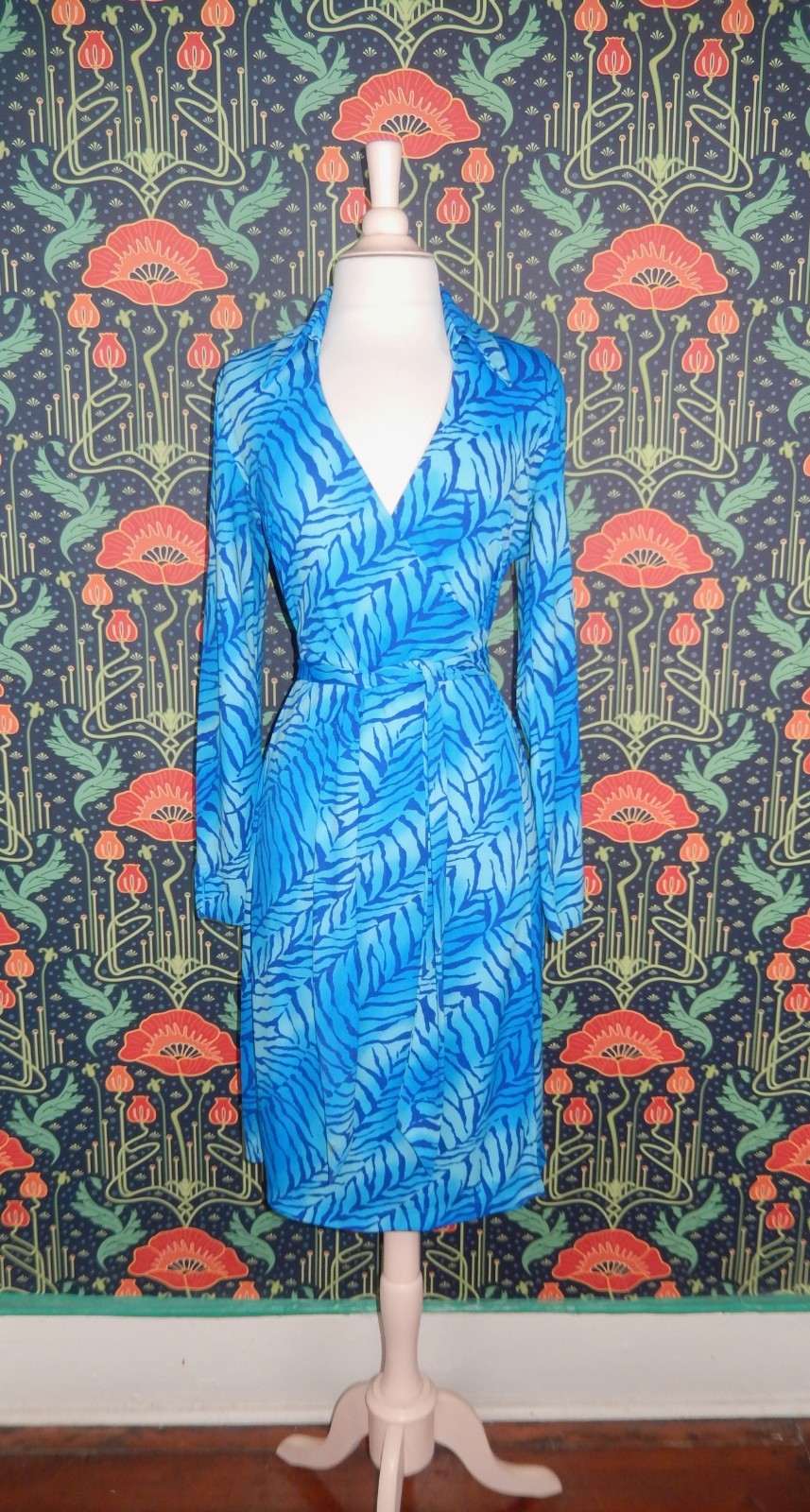 Vintage Y2K Turquoise Blue Zebra Print Collared Wrap Dress Miami J.Lo