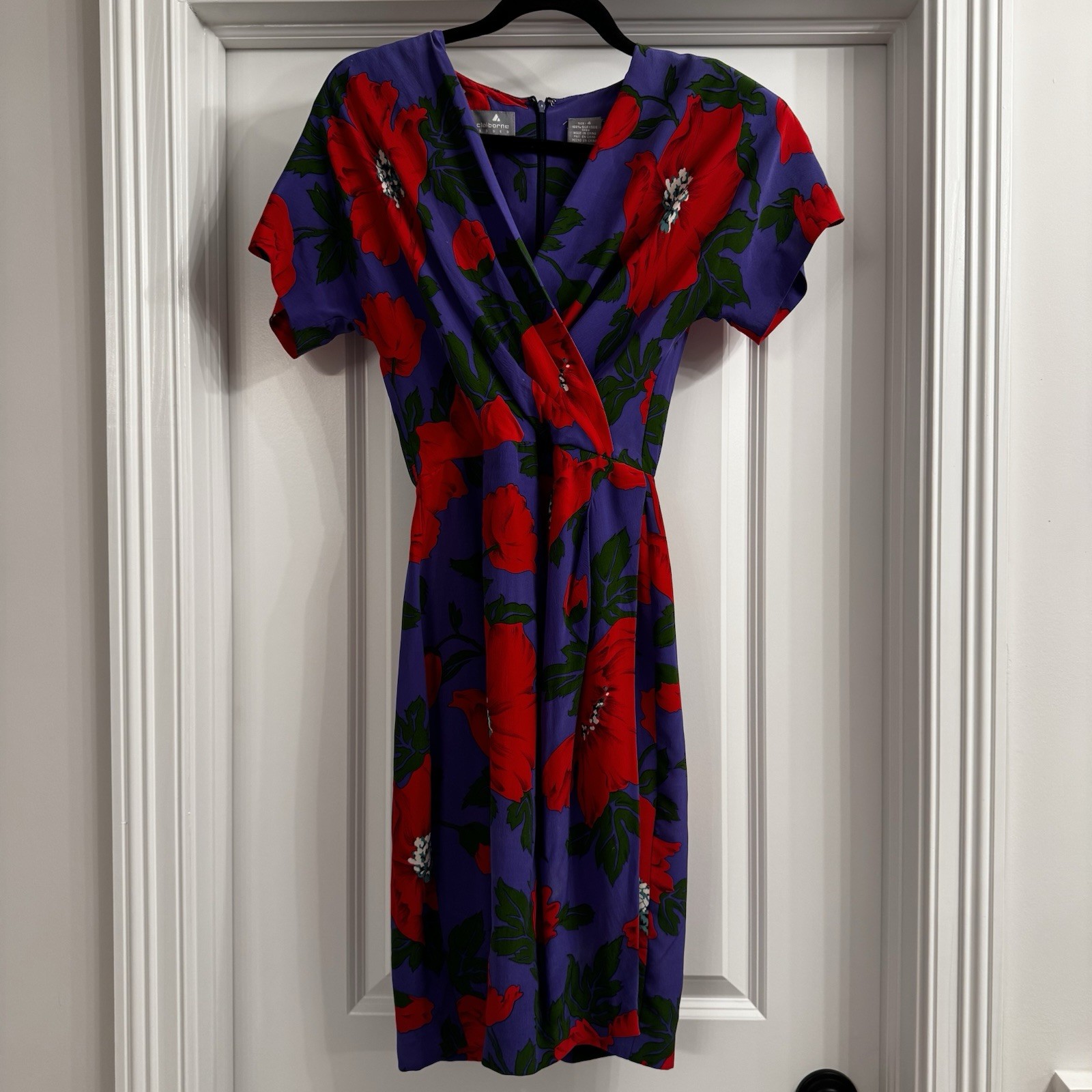 Vintage 80s Liz Claiborne 100% Silk Floral Dress Red Purple Midi 4 Shoulder Pads