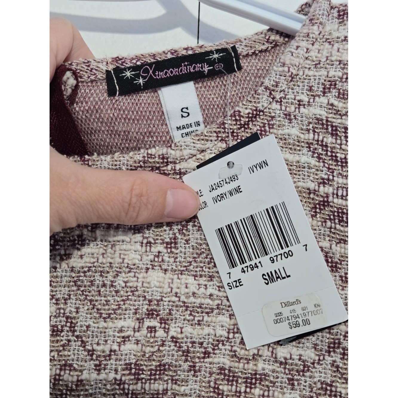 NWT Xtraordinary Ivory Wine Tweed Dress Crochet Hem Small