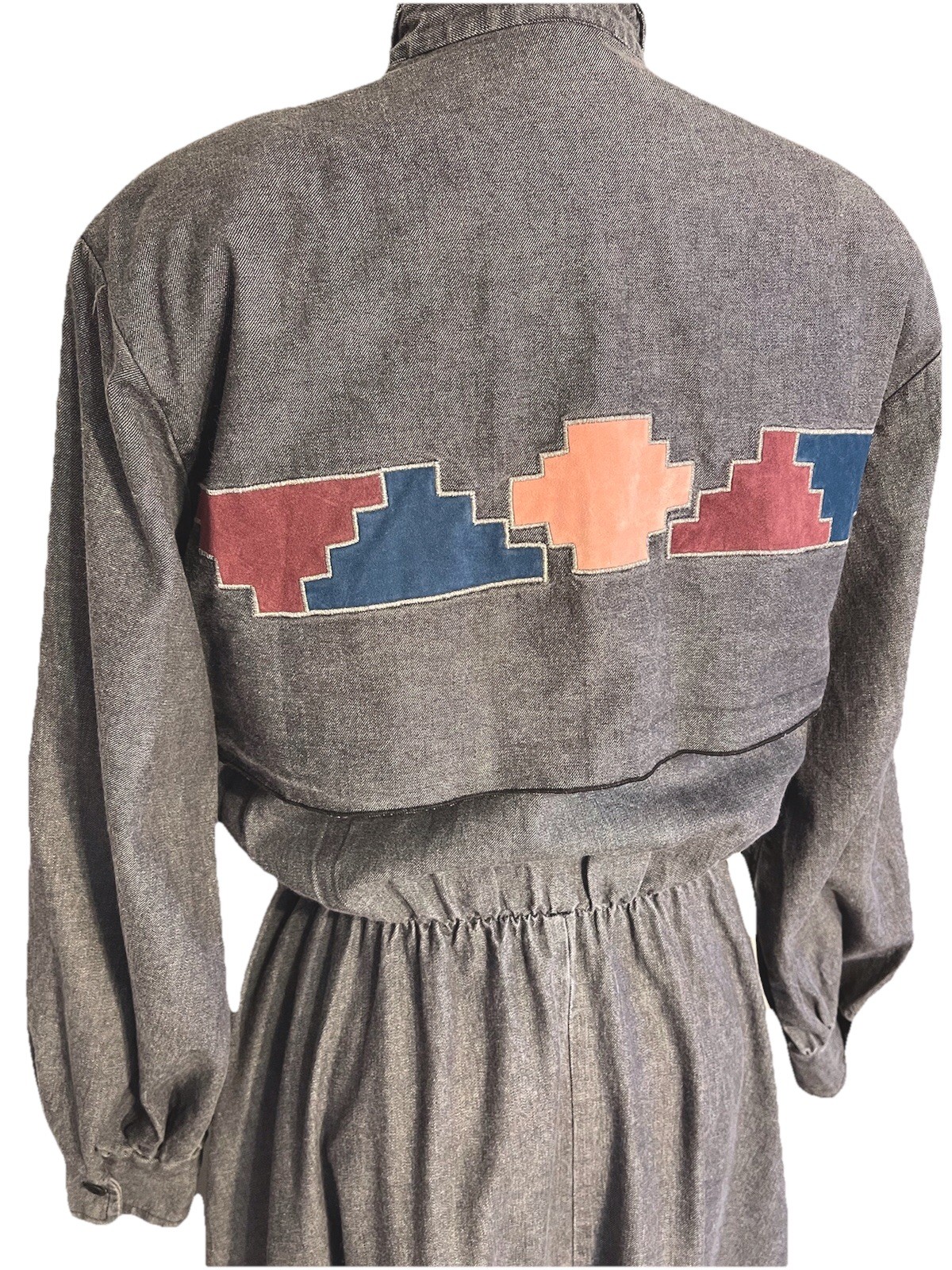 80’s Western Collection BOHO Long Denim Grey Dress Suede Embroidery, Size S-M