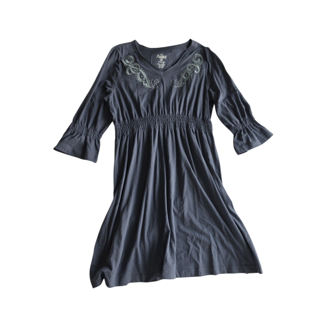 ARIAT | Blue Gray Smocked Embroidered Western Dress Bell Sleeve Boho Studs | XL