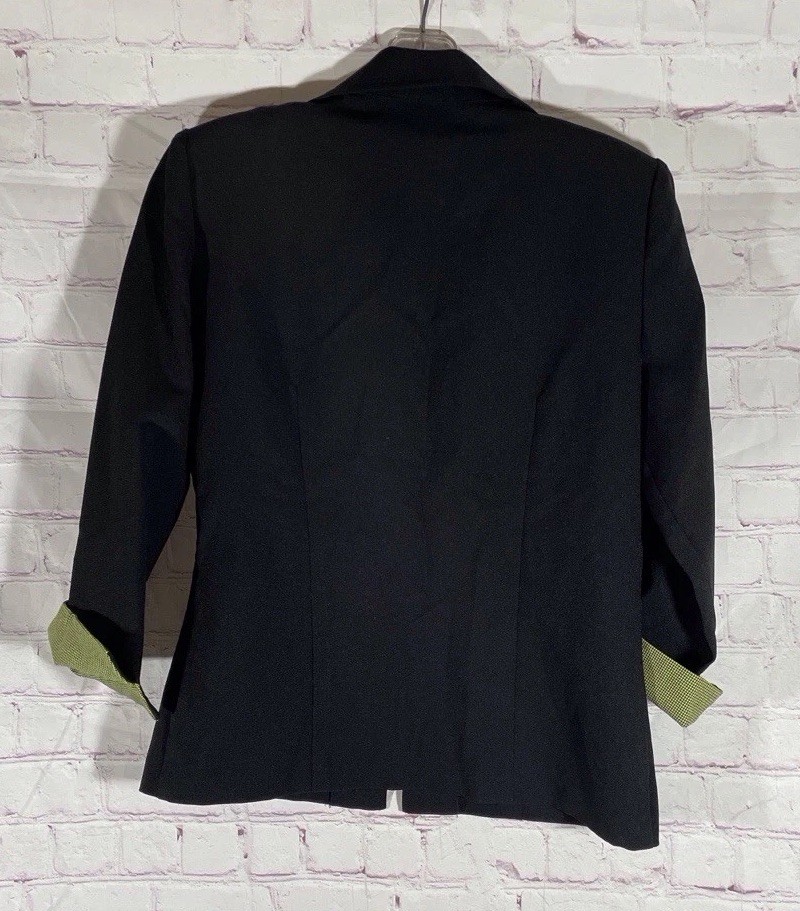 Vintage Expressions Full Zip Black Blazer With Green Houndstooth Cuffs Size 6