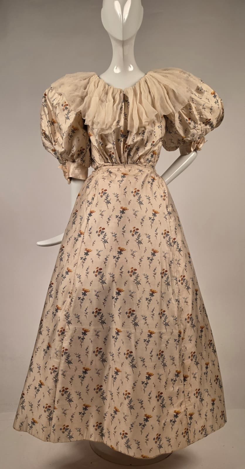 VICTORIAN FLORAL SILK BALL GOWN DRESS W BALLOON PUFF SLEEVES + SILK CHIFFON & ID