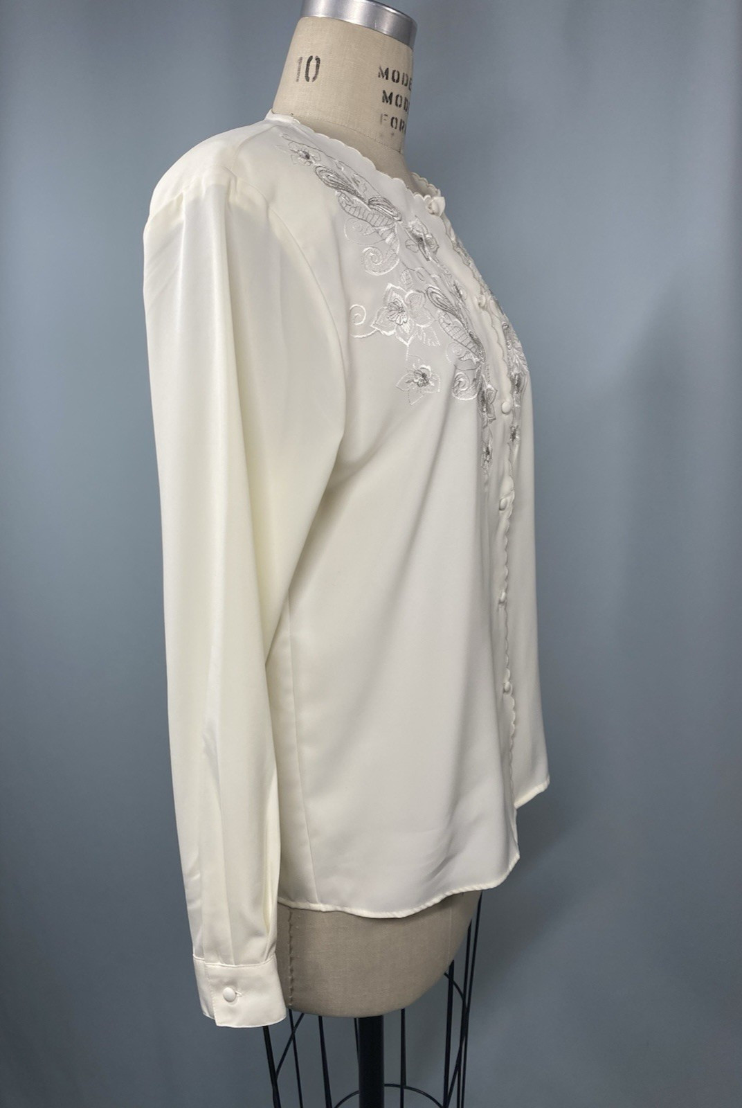 Vintage Blouse Top SIZE LARGE 10 ivory embroidered CLAUDIA RICHARD 80s 90s