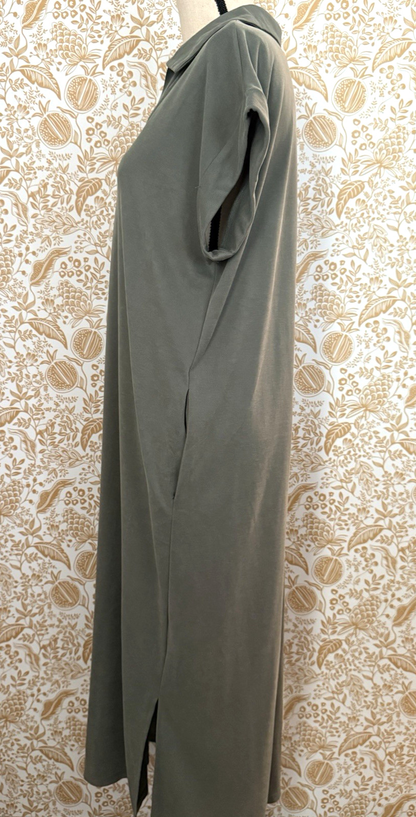 Ces Femme Women’s Olive Collared Oversized Midi Dress Size M Cuffed Sleeves Chic