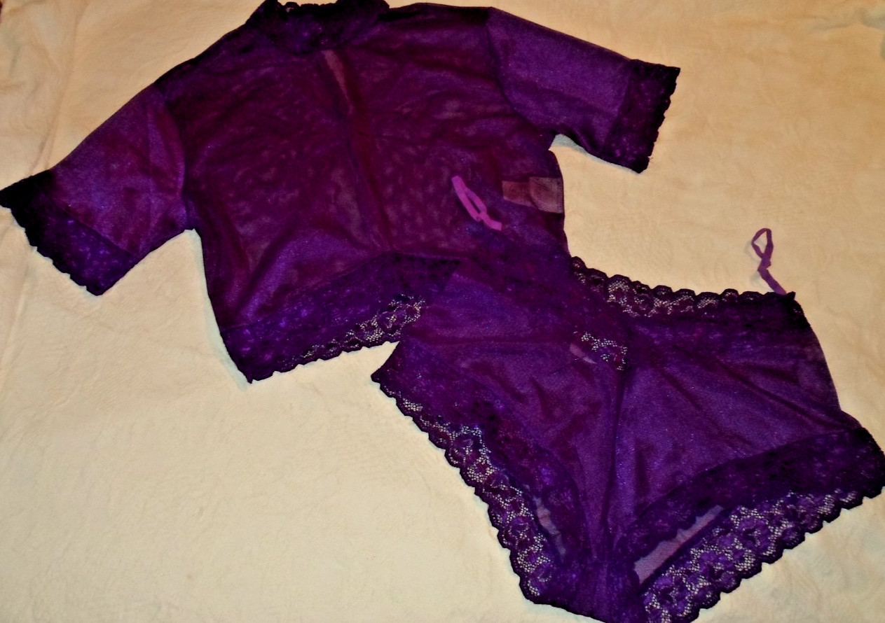 Vintage Lingerie Priscilla Collection Dark Purple Sheer Lace Babydoll Size M-USA