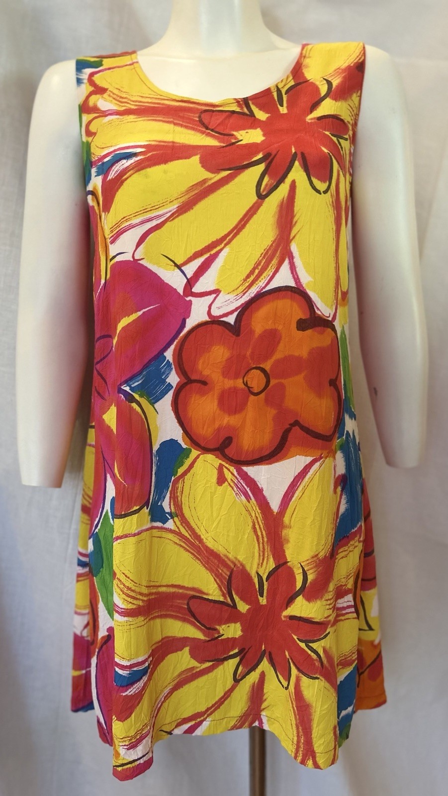 VTG Jams World Floral Splash Crinkle Beach Hawaiian Sleeveless Mini Dress SZ S