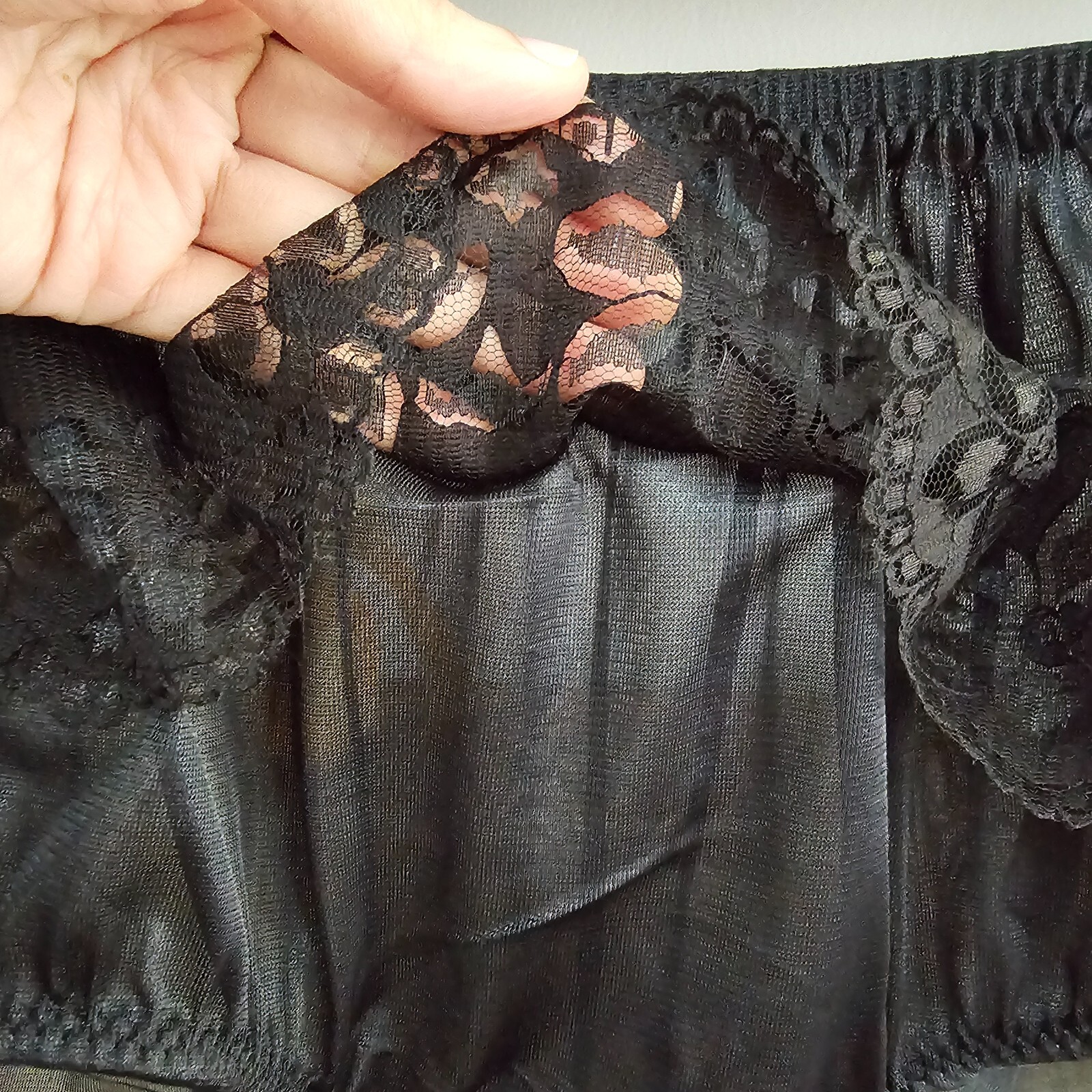 Vintage Sheer Nylon Panty Black Sissy Flower Lace Granny Brief Size 8 Hip 39-43″