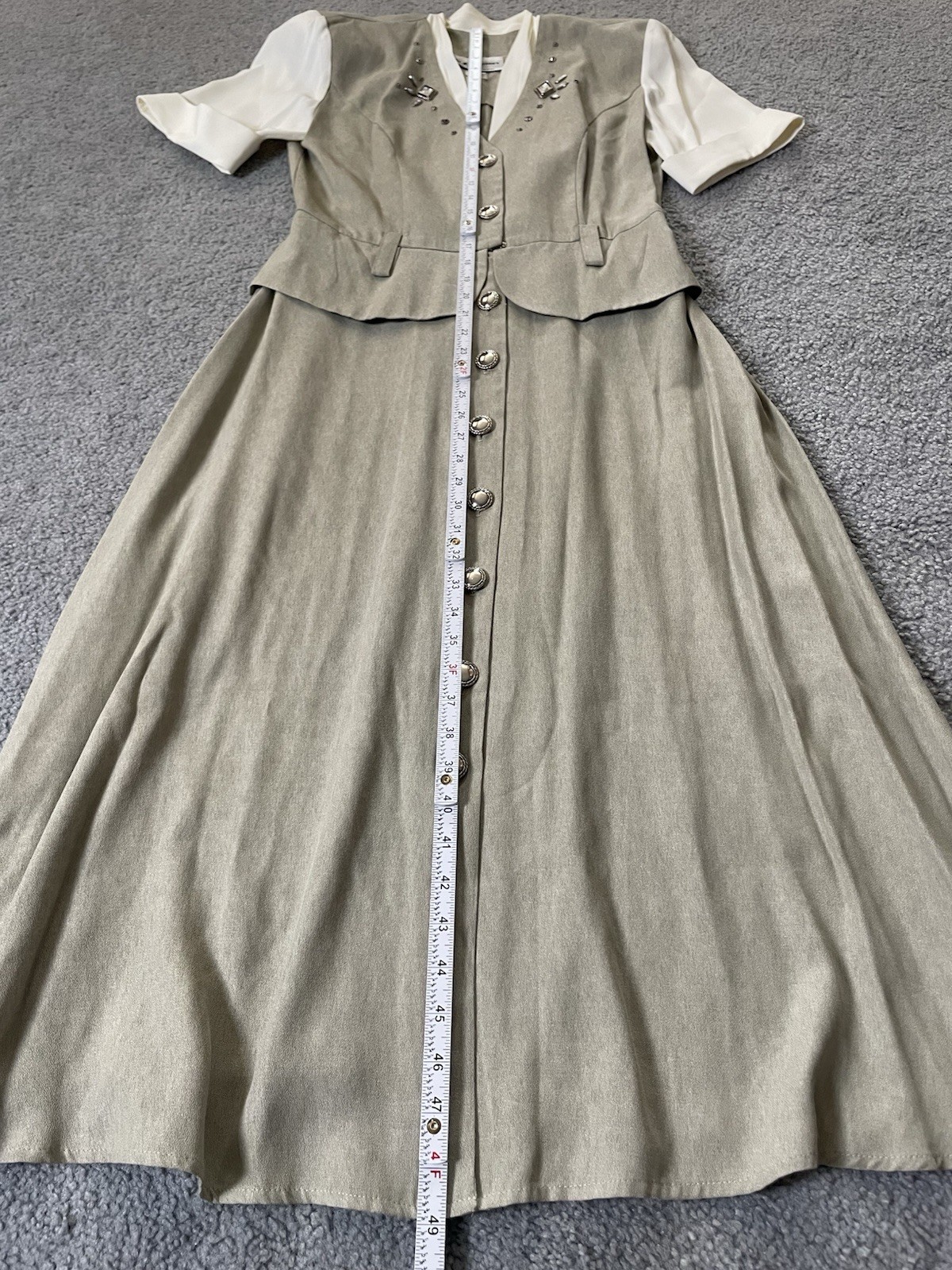 Vtg 70s SL Fashion Peplum Midi Dress 10 Button Up Sage Beads Classic USA Made