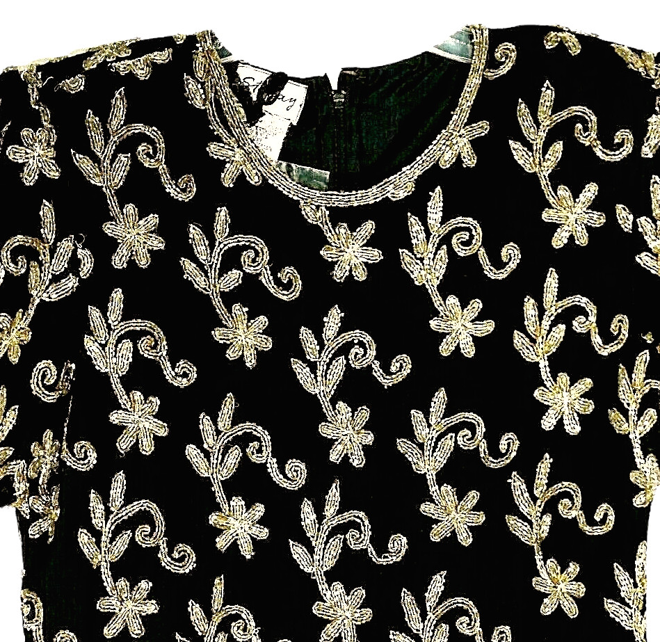 NEW STENAY Top 100% Silk Vtg S Holiday Gold Silver Metallic Beads Scallops Event