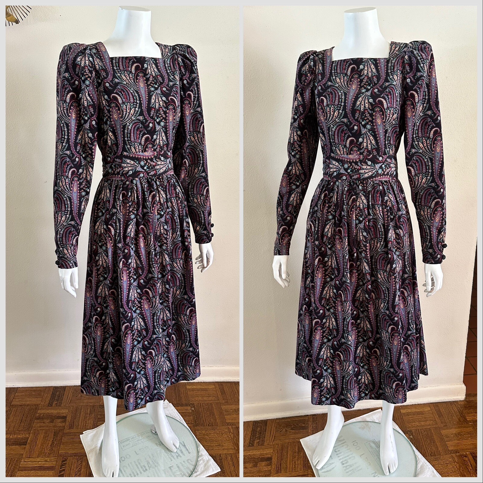 1980s Laura Ashley Paisley Floral Corduroy Dress Puff Sleeve Party Prairie VTG