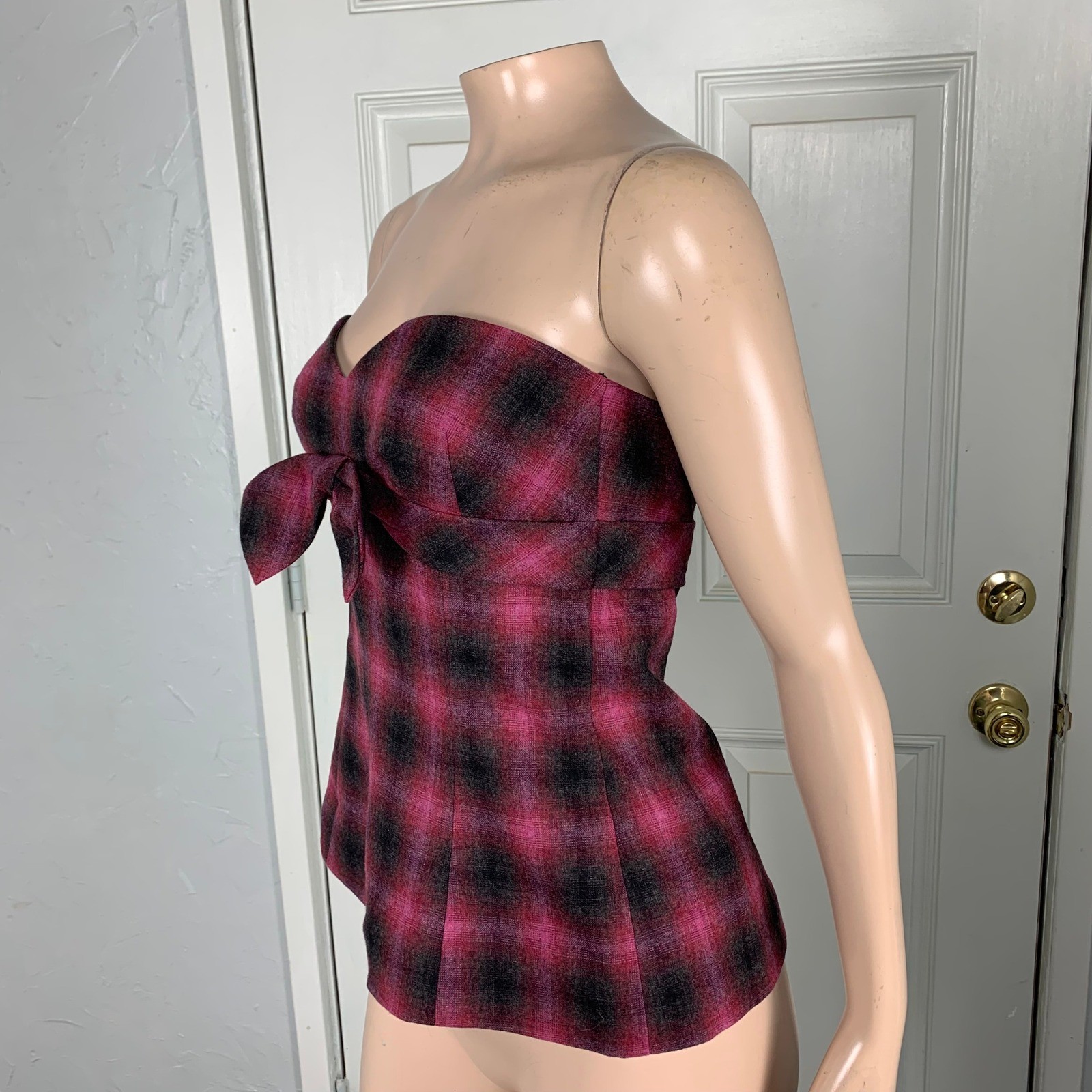 Trina Tuck Shirt 4 Plaid Wool Tube Top Women’s Bow Strapless Party I4-27