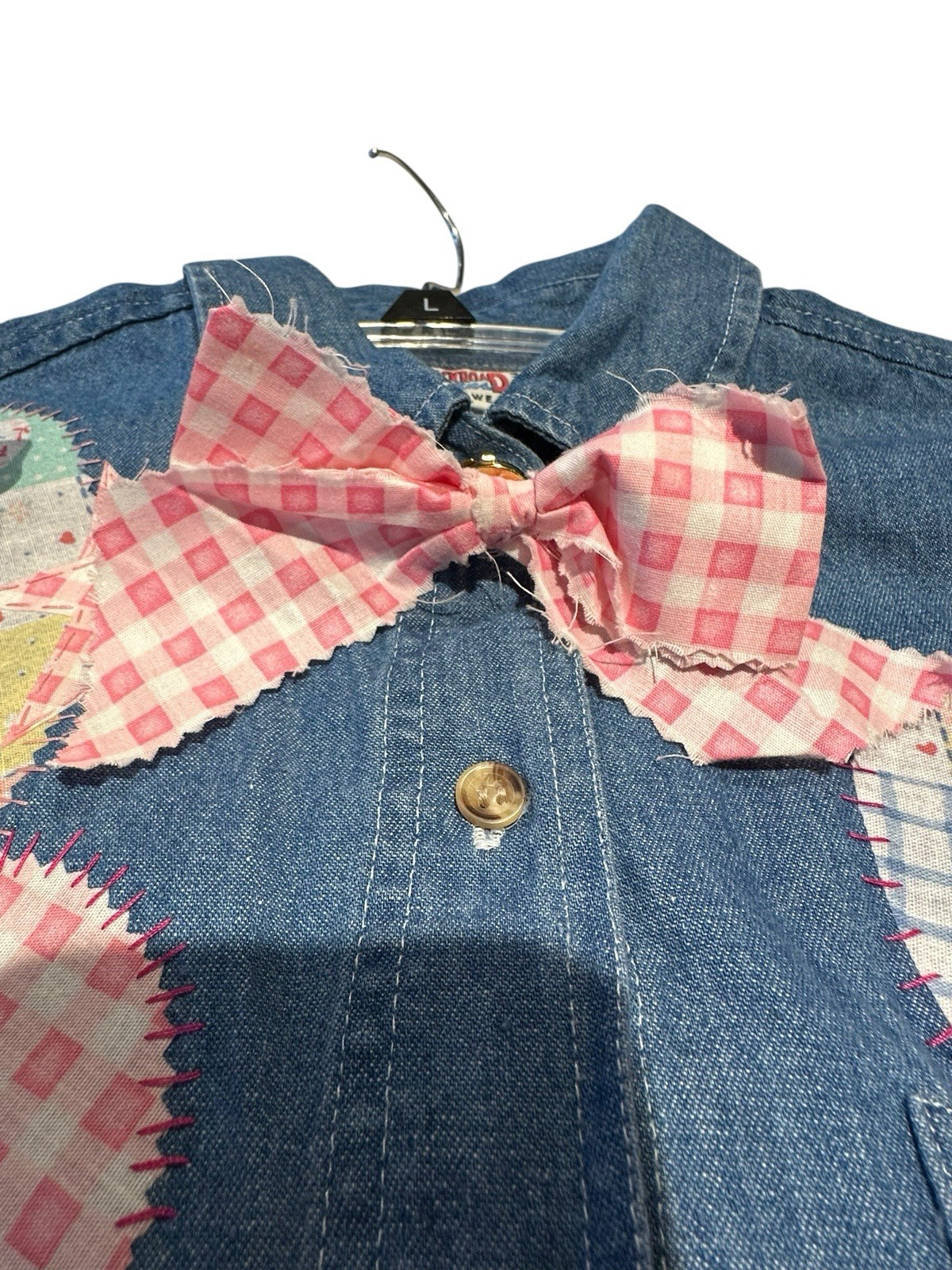 Vtg Western Country 90s Patchwork Denim Top Appliqué Hearts Buttons Lace Large