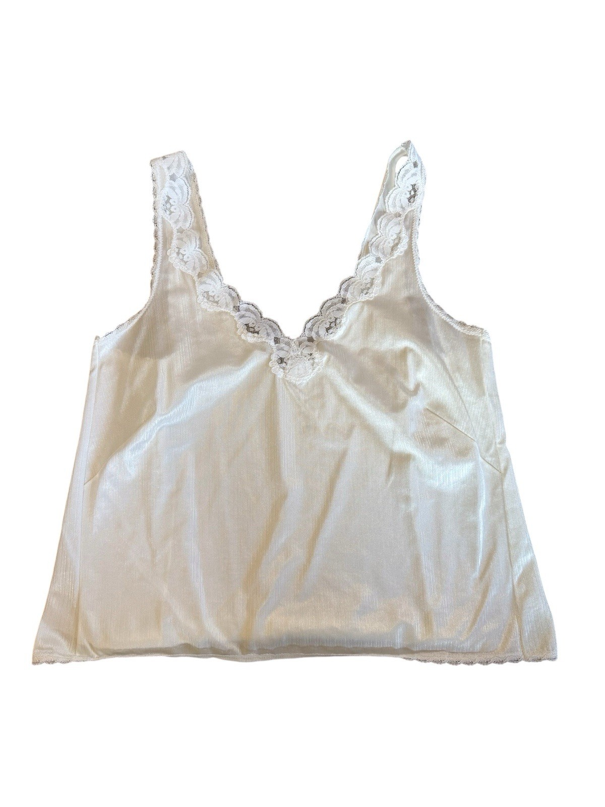 Vintage White Satin Nylon Camisole Top 36 Made in USA Lace Trim V-Neck Lingerie