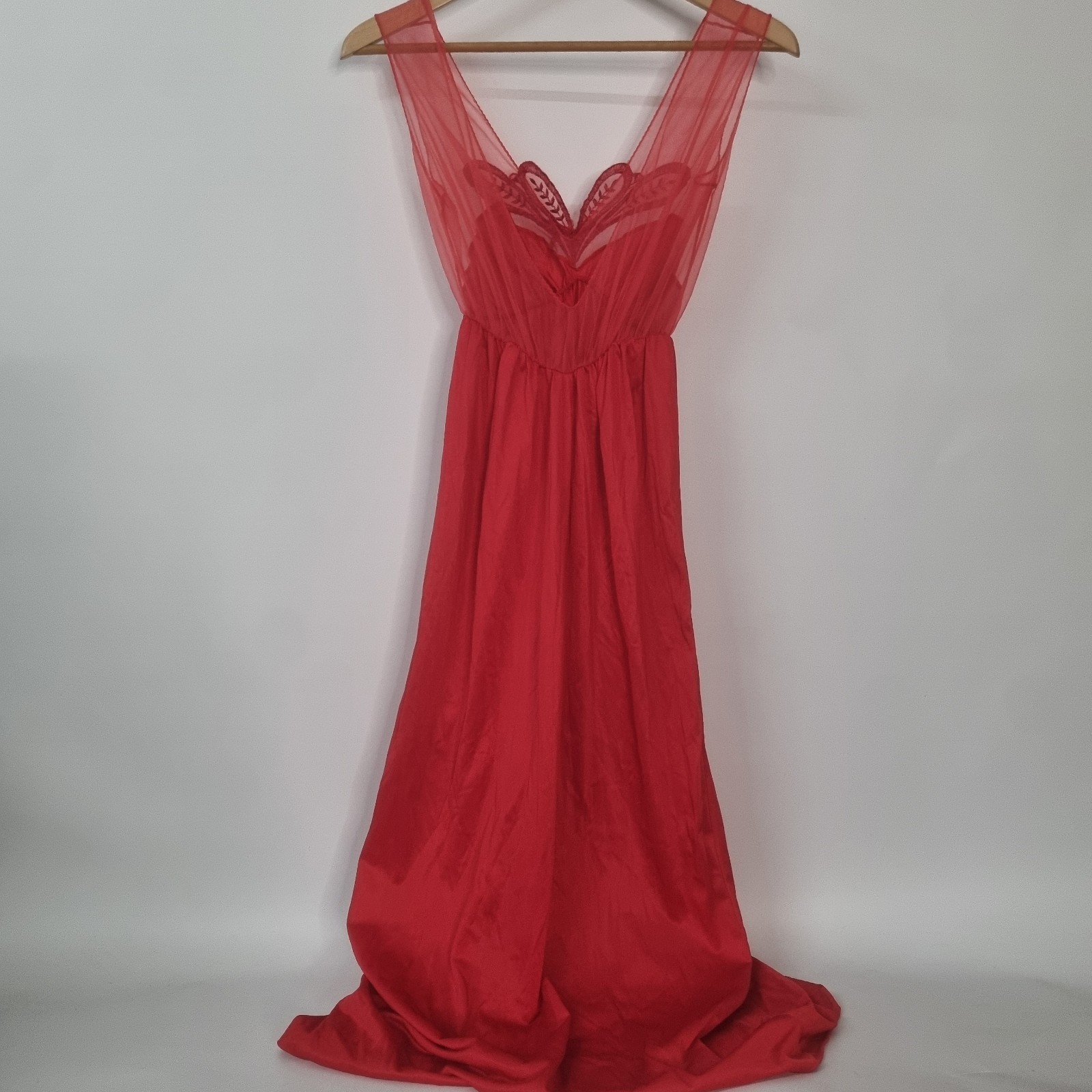VTG Avian Red Nylon Lace Sheer Nightgown Gown Long Deep V USA Sexy Chiffon Sz S