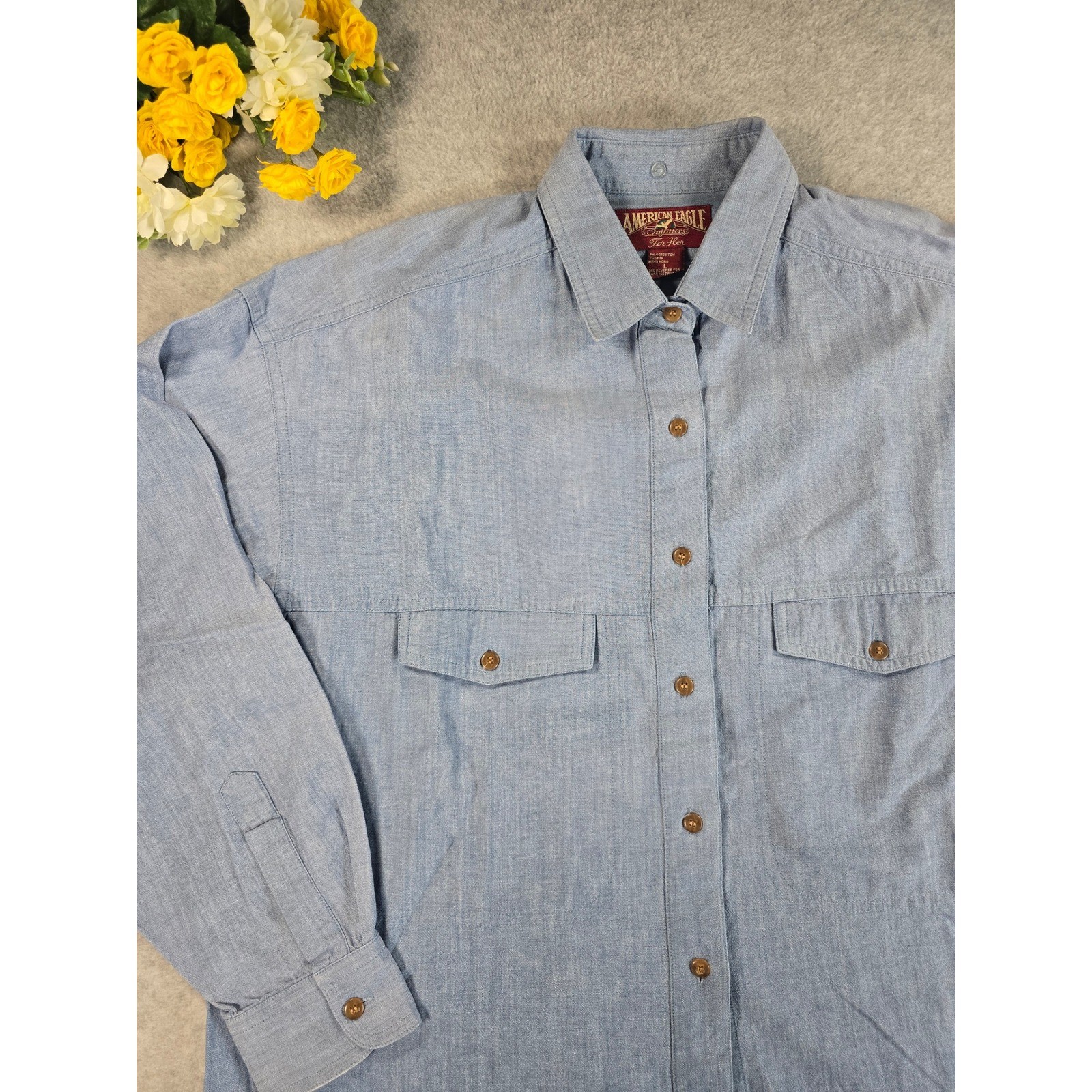 Vintage 90s American Eagle Outfitters For Her Blue Cotton Chambray Button Down L