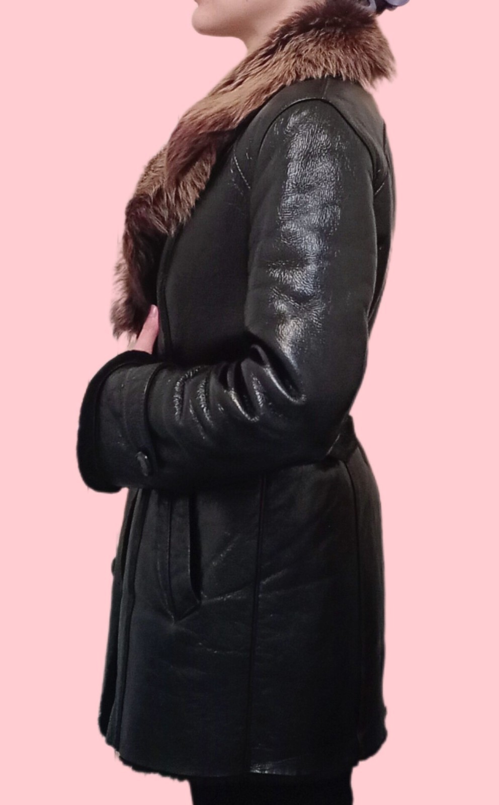 Vintage 00s Women’s Shearling Coat Black Patent Leather Toscana Fur Size L