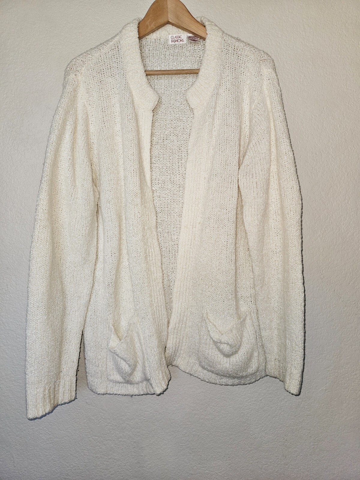Vintage Classic Fashions Nubby Open Cardigan Size 46 US 16 XL Ivory Taiwan