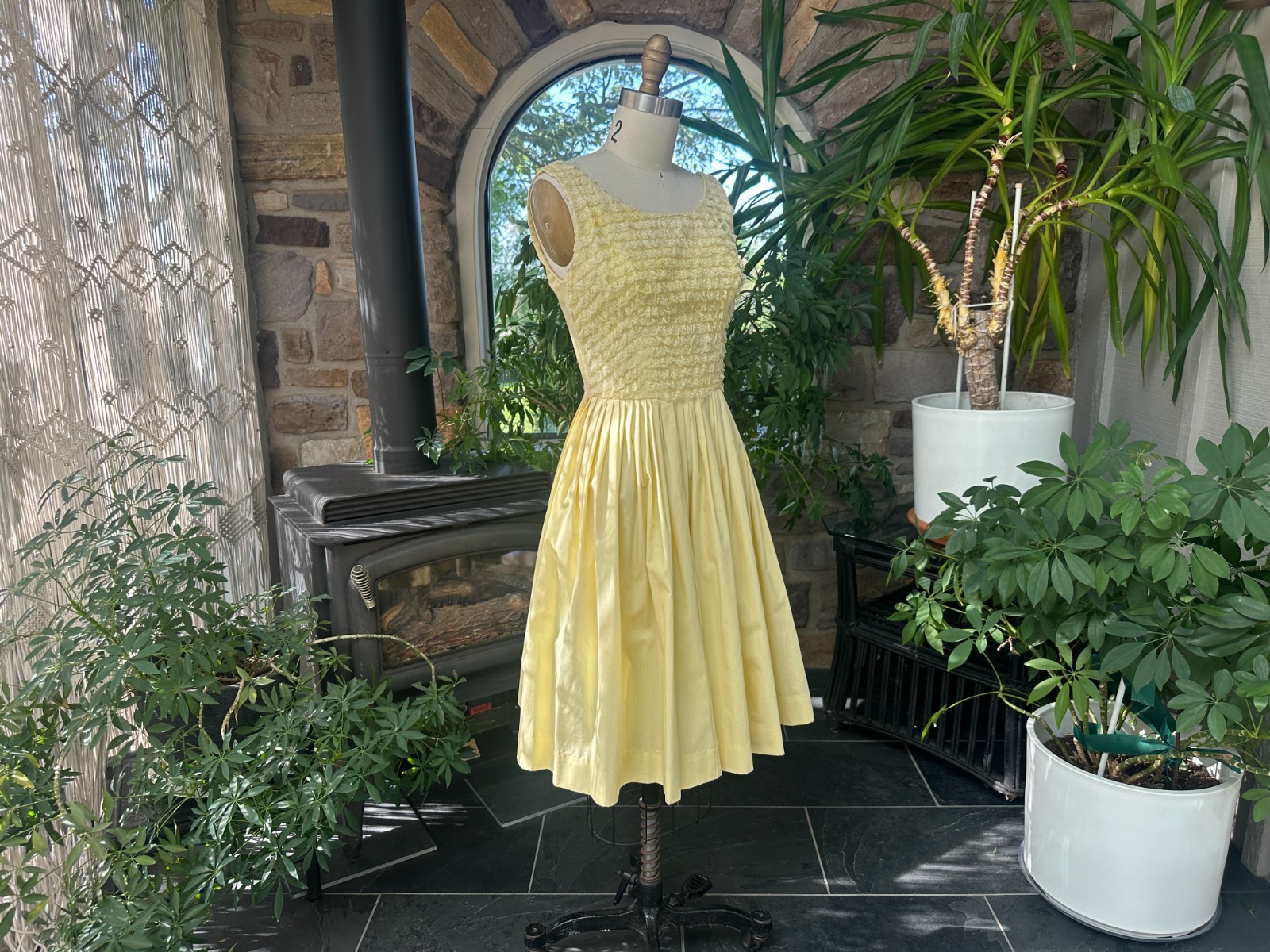 Vintage 1950s Yellow Cotton and Lace Rockabilly Dress Wendy Woods