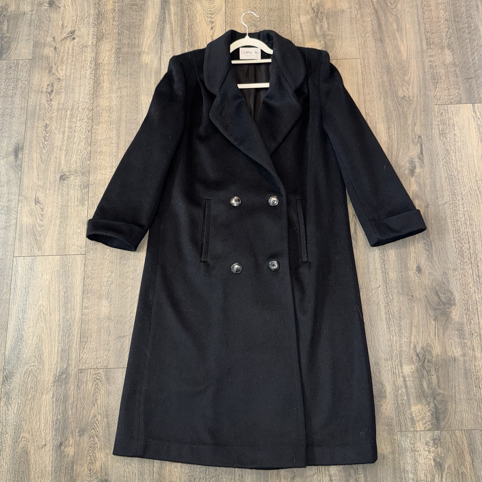 VTG Cathy Jo Women’s L Double Breasted Long Wool Coat Trench USA Made Old Money