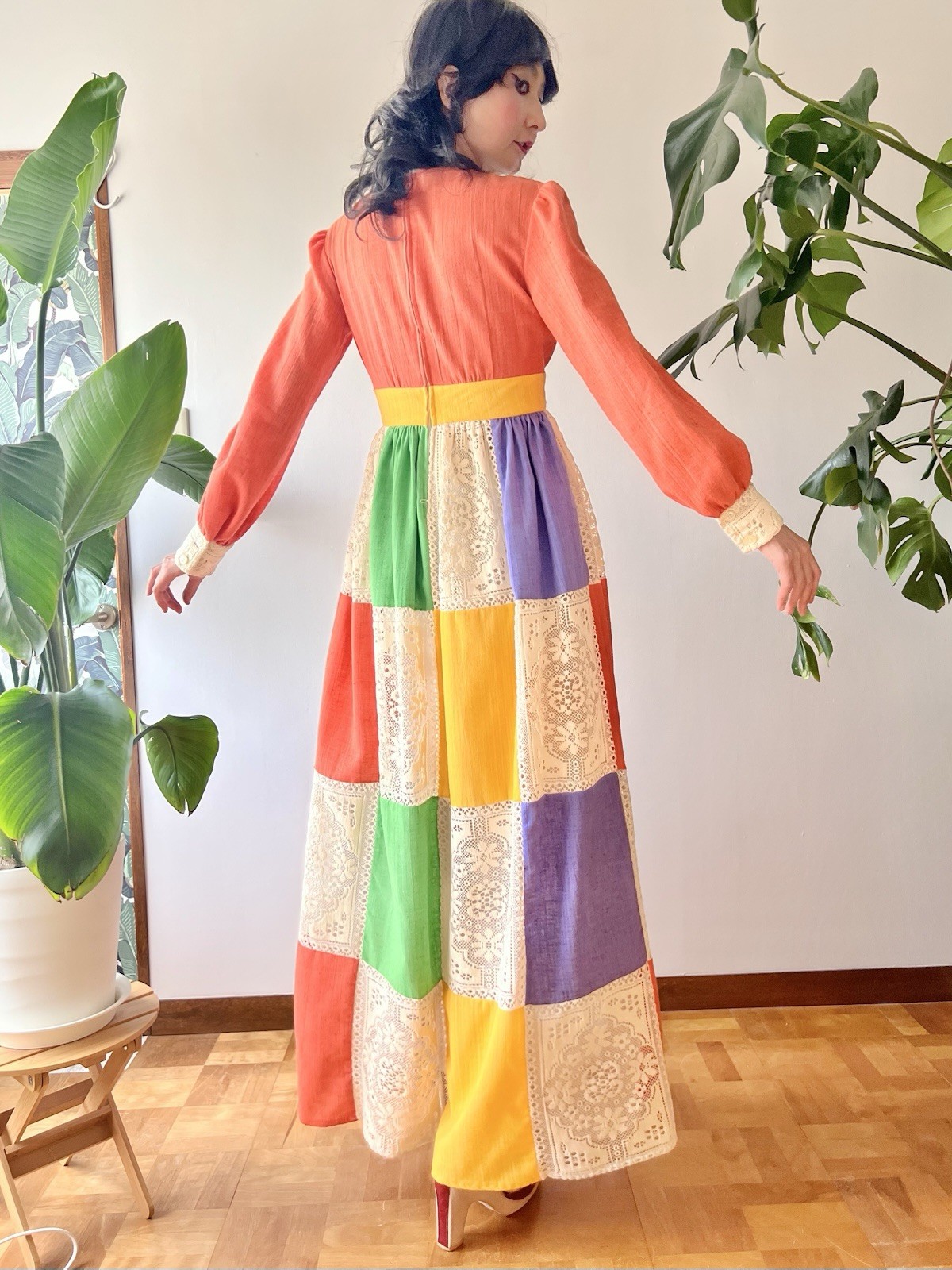 70s Jonathan Logan Patchwork Color Block Cotton Gauze & Lace Prairie Maxi Dress