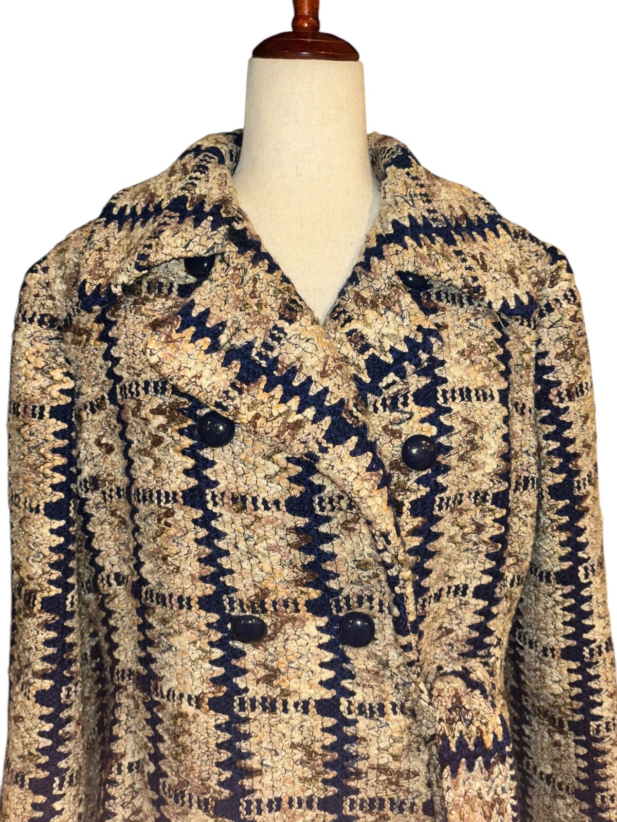 VTG Davidow Tan Blue Brown Chunky Tweed Coat Halle Bro Union Made Women’s Sz M/L
