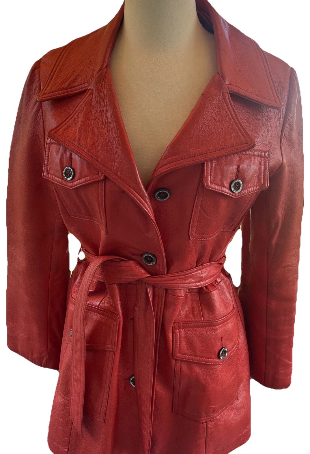 70’s Red Orange Leather Belted MOD jacket By The Parisian New England Sportswea