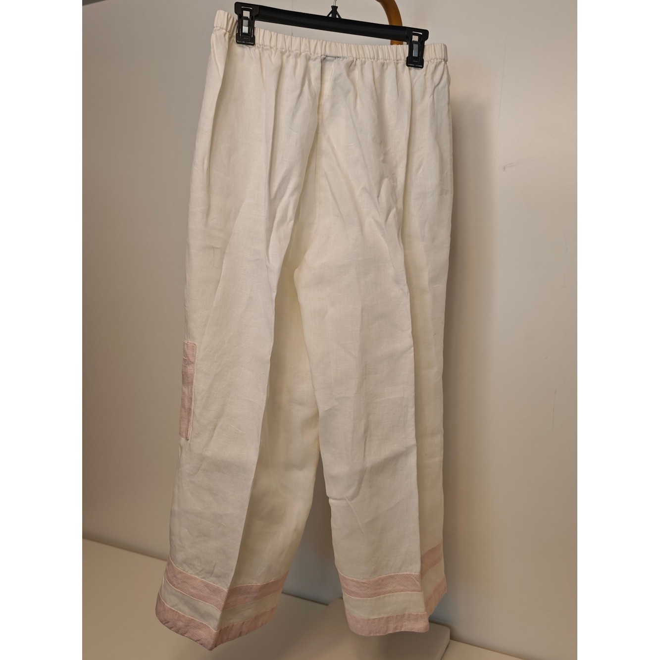 Vintage DKNY Cream Wide Leg 100% Linen Pants Pink Trim XL Elastic Waist Trousers