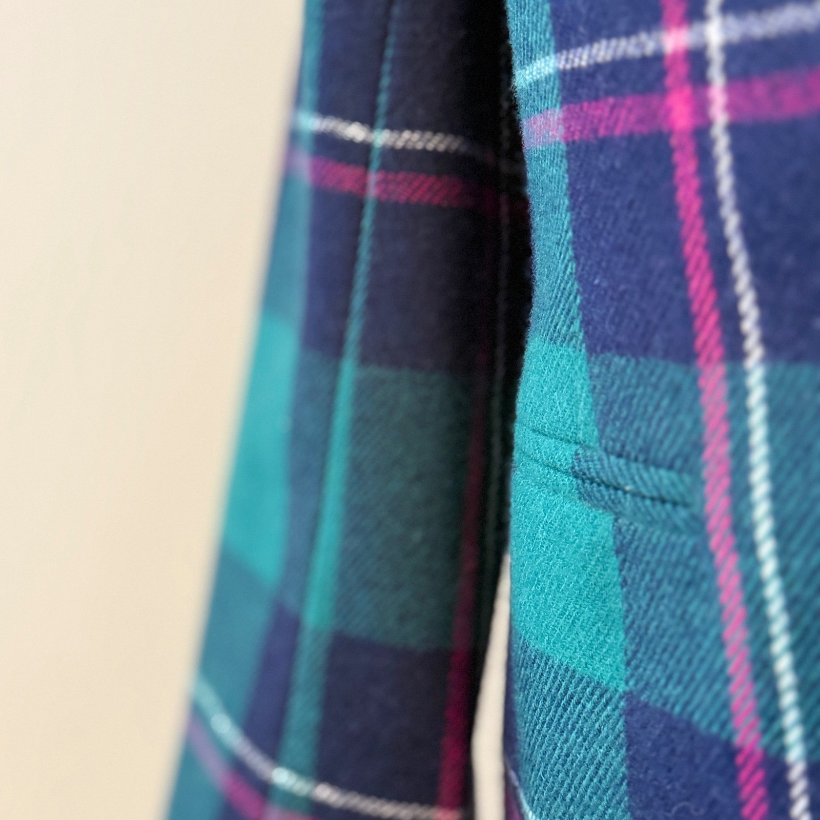 Vintage 80s Plaid Wool Blend Blazer – Teal Green Navy Pink – Petite Size 10