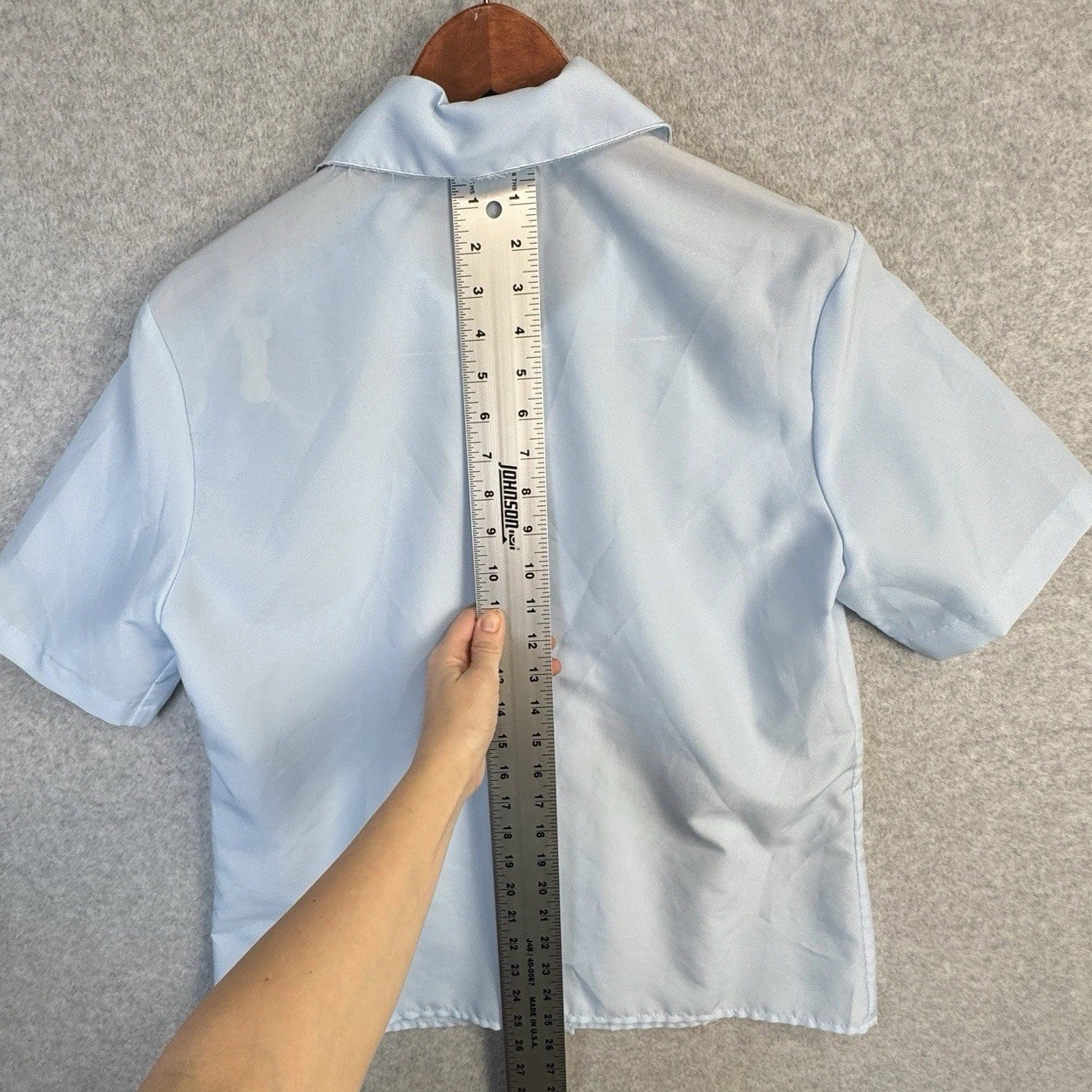 VTG Nikki Size 14 Light Blue Short Sleeve Blouse Eyelet Lace Collar Made in USA