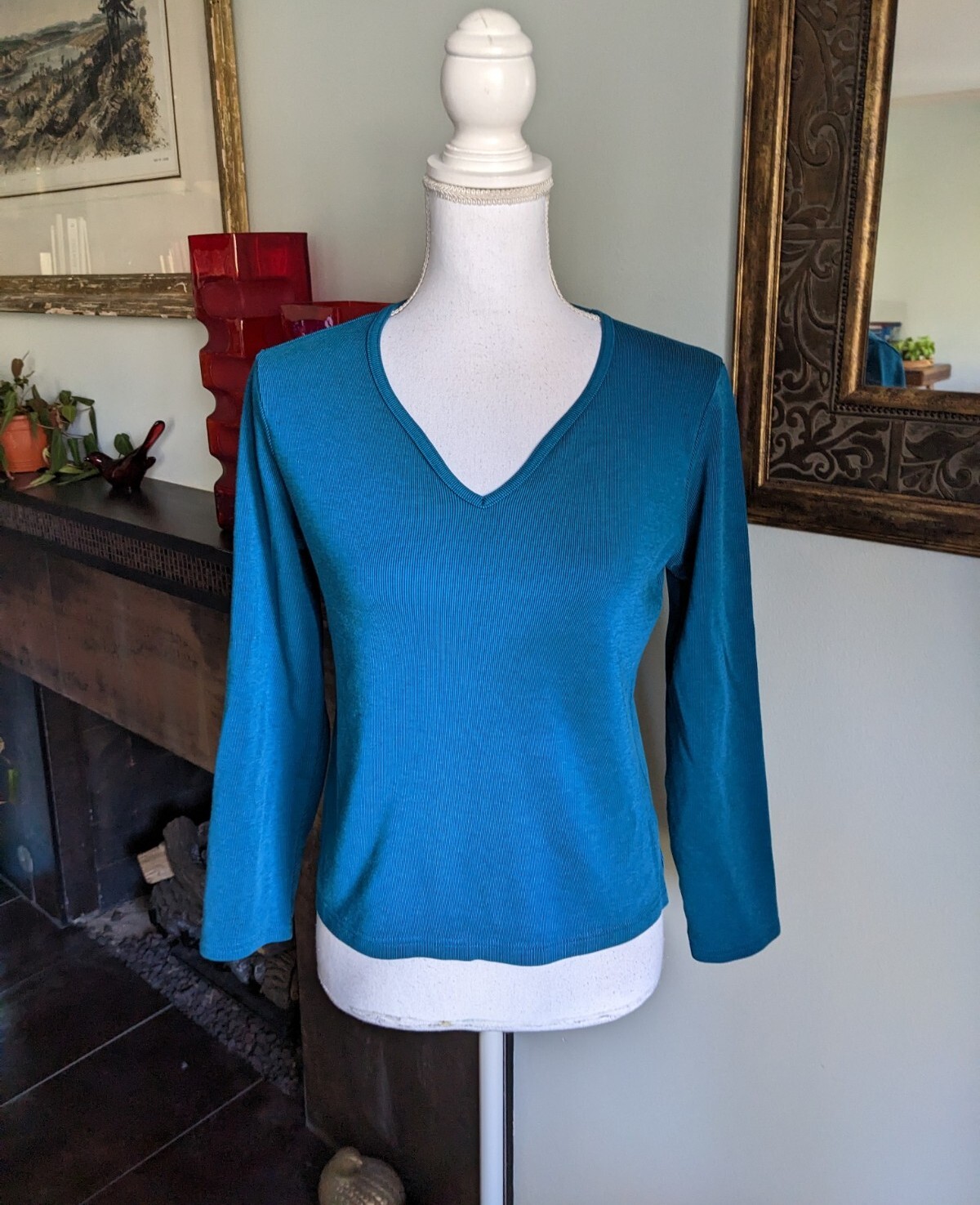Vintage 90s/Y2K Jones Wear Sport Teal V-Neck Cropped Top Women’s Medium