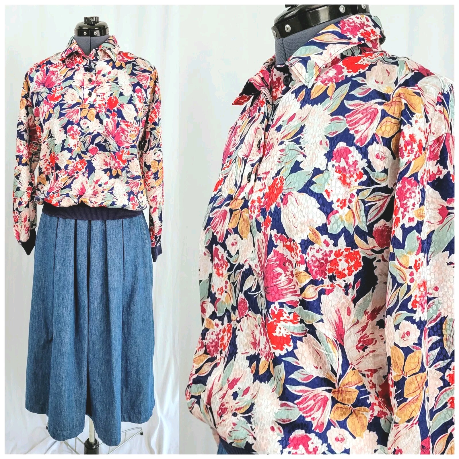 Vintage Jeri Marque Floral on Navy Blouse w Knit Cuffs & Waistband Sz M/L?