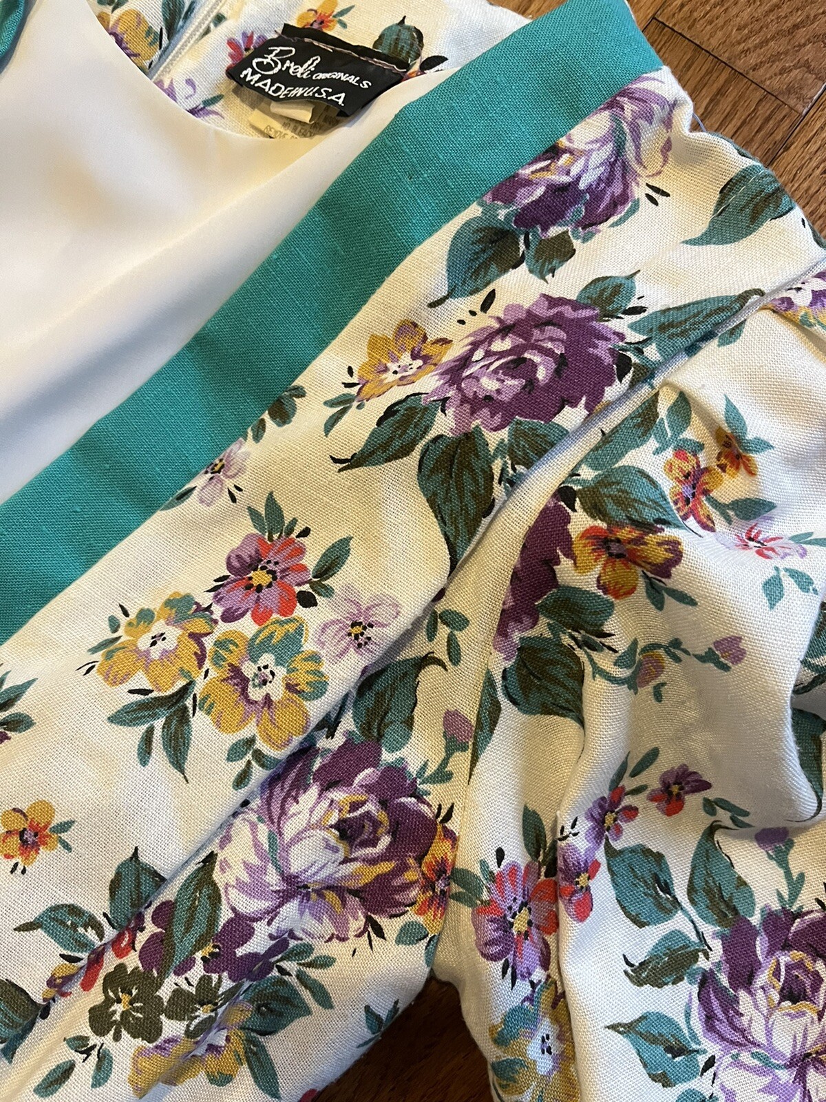 Vintage Breli Originals Green White And Floral 3/4 Sleeve Dress Size 12 W Belt