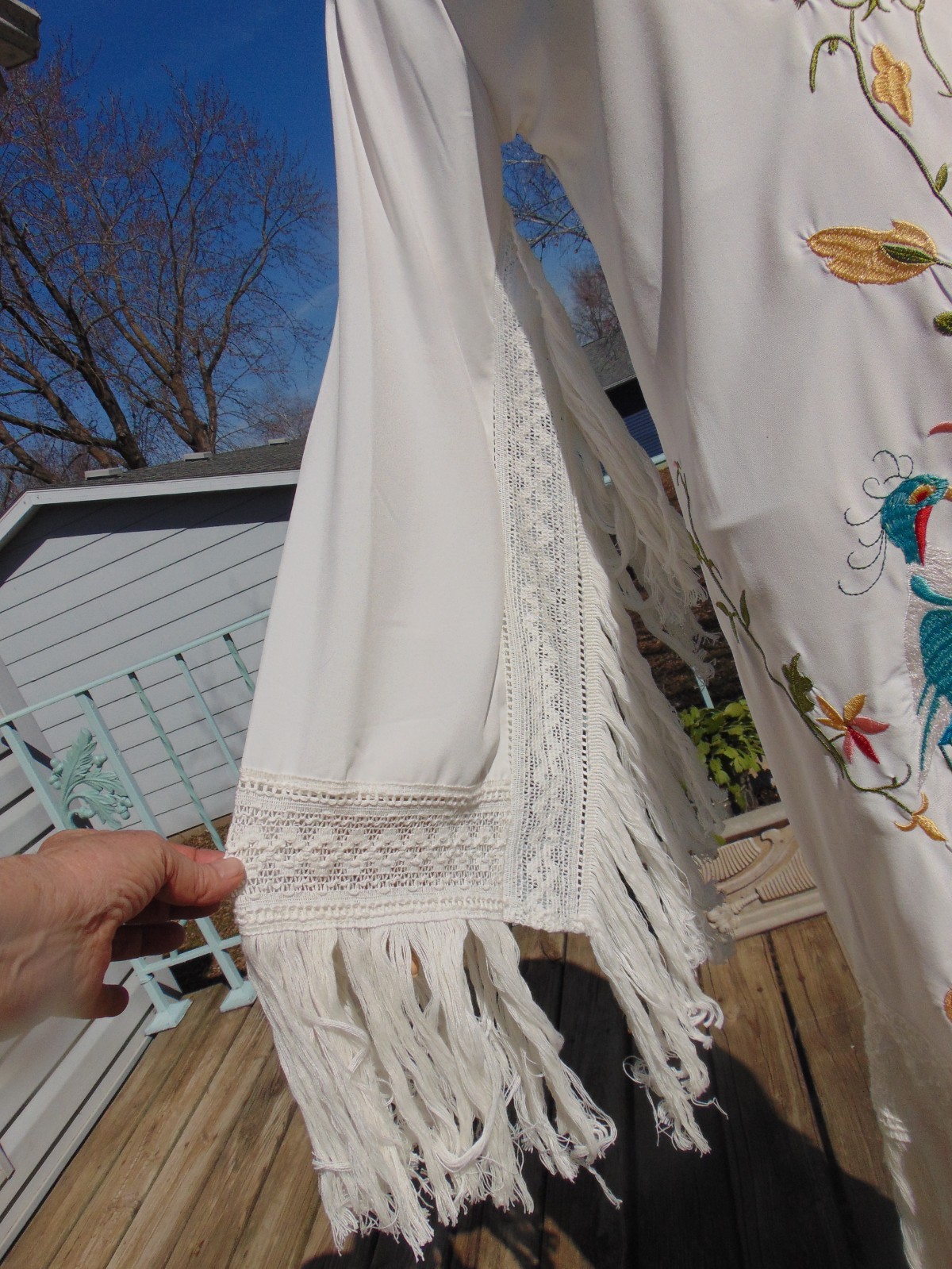 Vtg Rachel Welch Replica Iconic Embroidered Peacock Fringe Hippie Dress