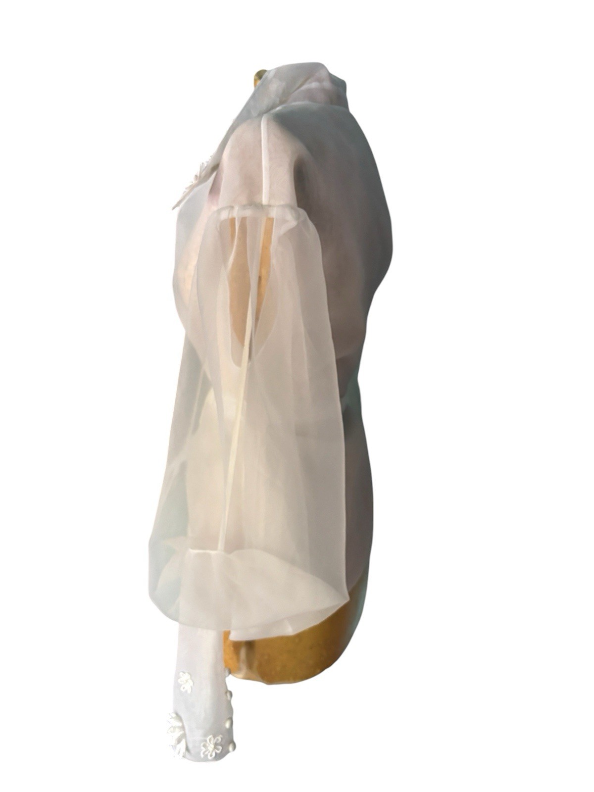 Vintage Sheer White Blouse Couture lStatement Floral Appliqué Long Sleeve
