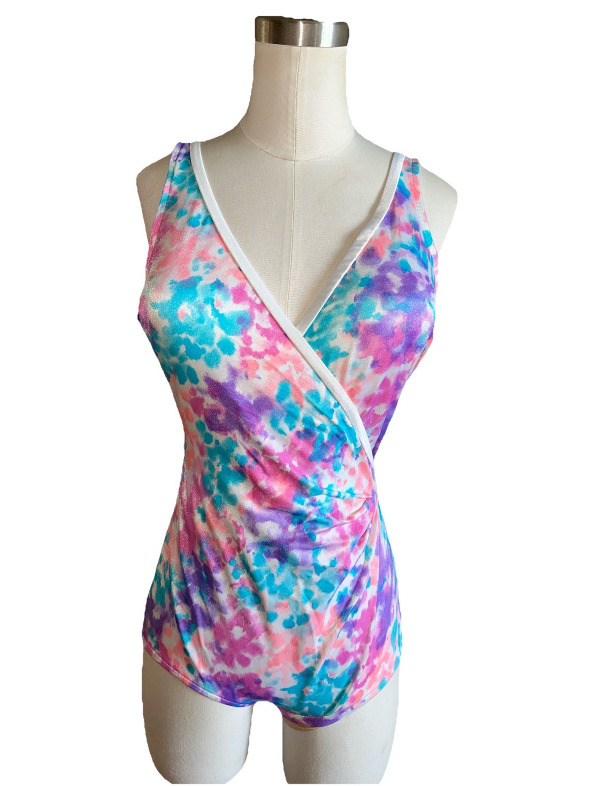 Vintage 80s Ocean View Floral Swimming Suit One Piece Size 16 Built In Cups