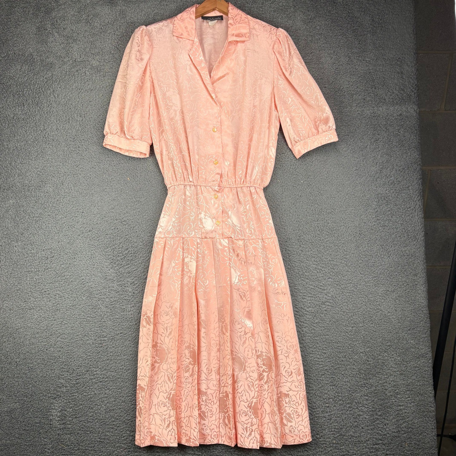 Vintage Alexis Fashions Pink Floral Jacquard Pleated Midi Dress Womens 9/10 USA