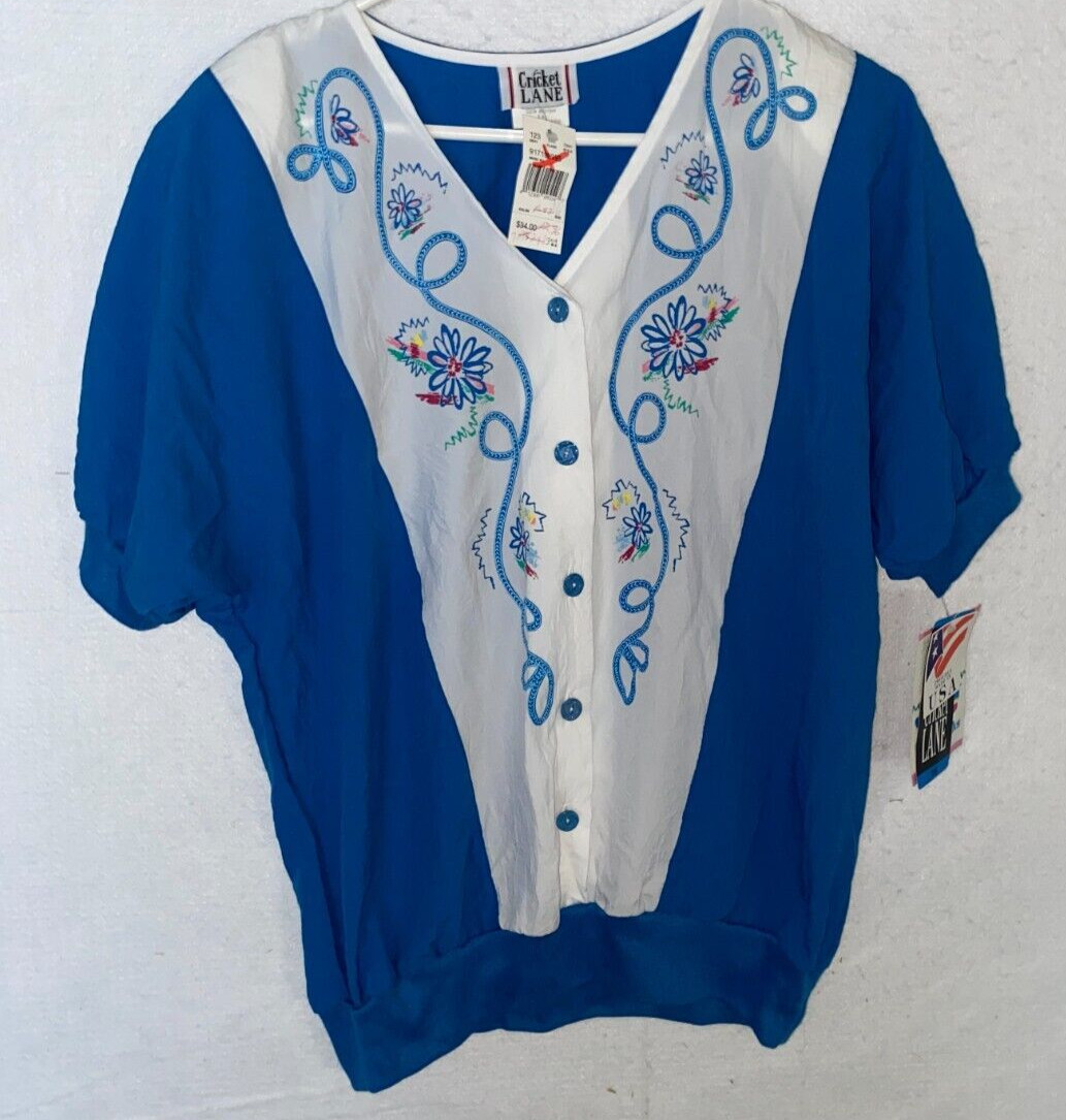 Vintage Women’s 16 Cricket Lane USA Made Top Short Sleeve Blouse NWT Blue White