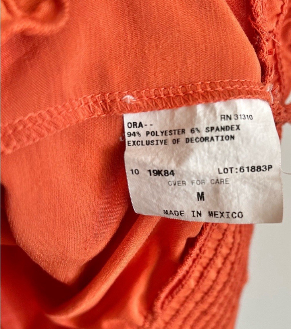 Vintage 90s IZ BYER Orange Babydoll Top Size M Ruffle Cap Sleeves Elastic Waist