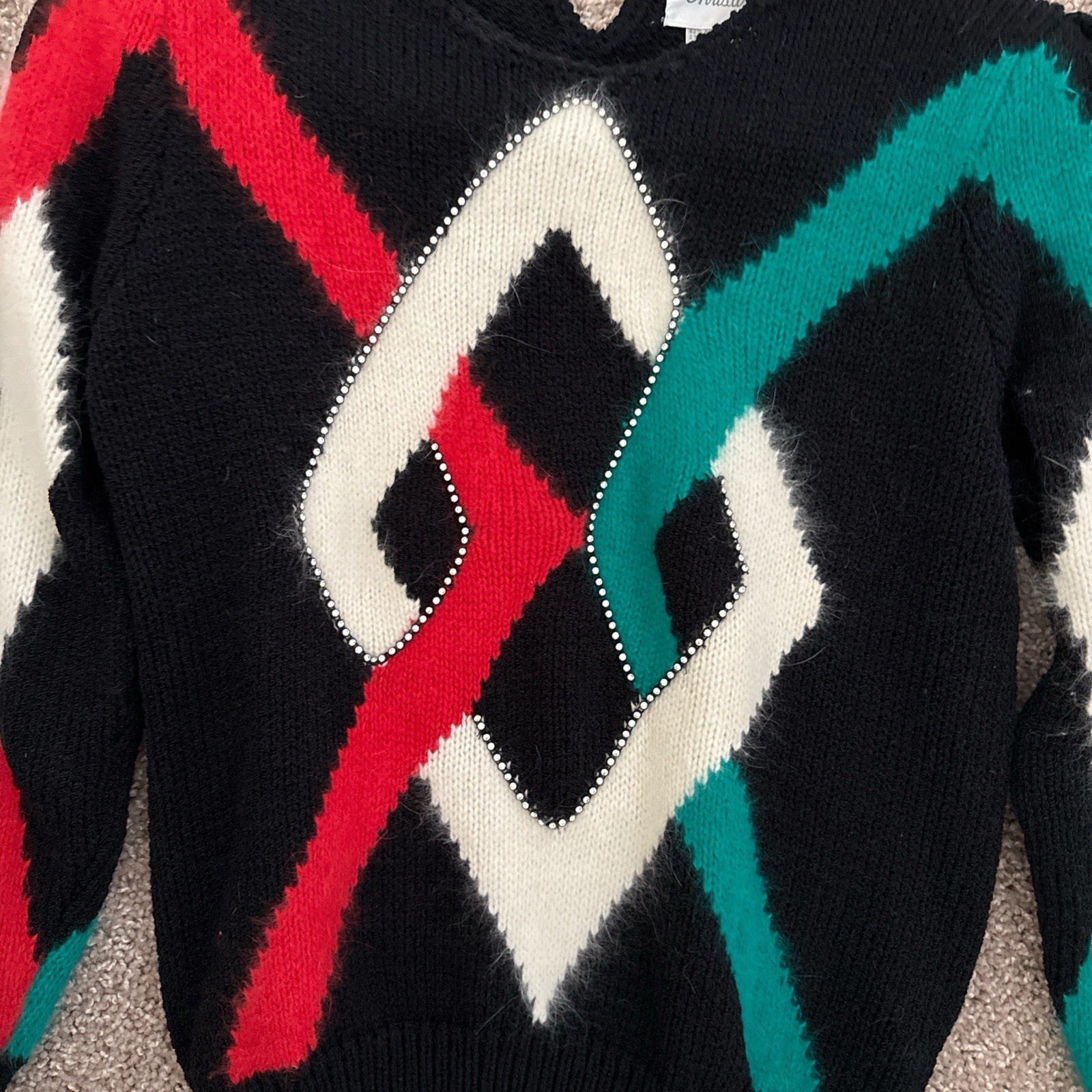 Vintage 1980 Black Red And Green Angora Blend Sweater Size Small