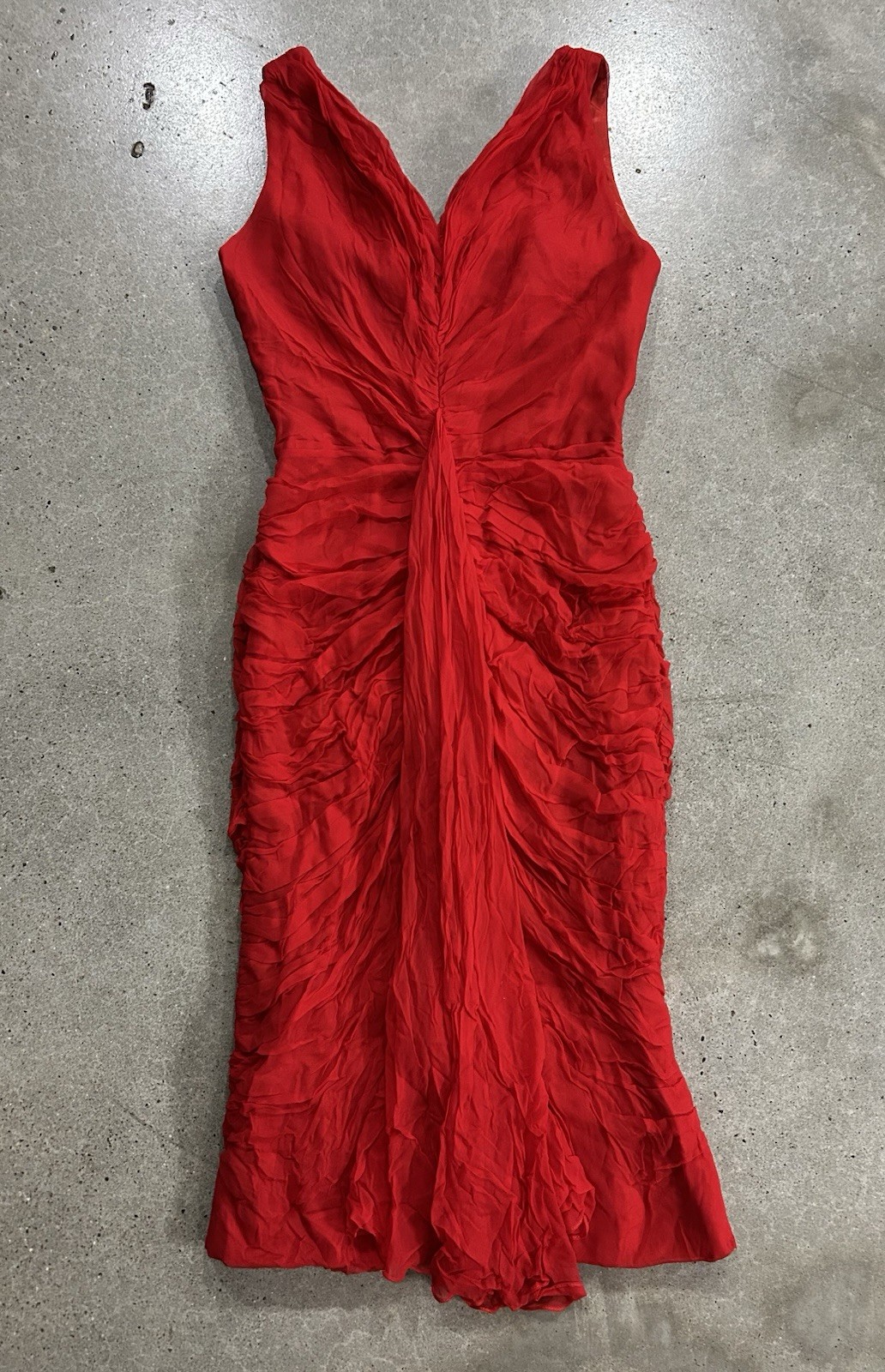 Vintage Custom Mod Wiggle Dress Cocktail Red Ruched Drape Chiffon AS IS