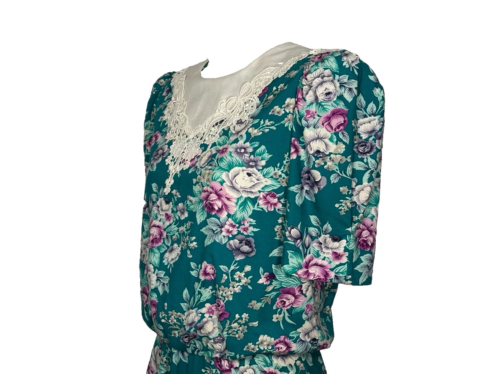 Vtg 80s Cottagecore Floral Dress Puff Sleeve Garden Party Romantic 40s Style M