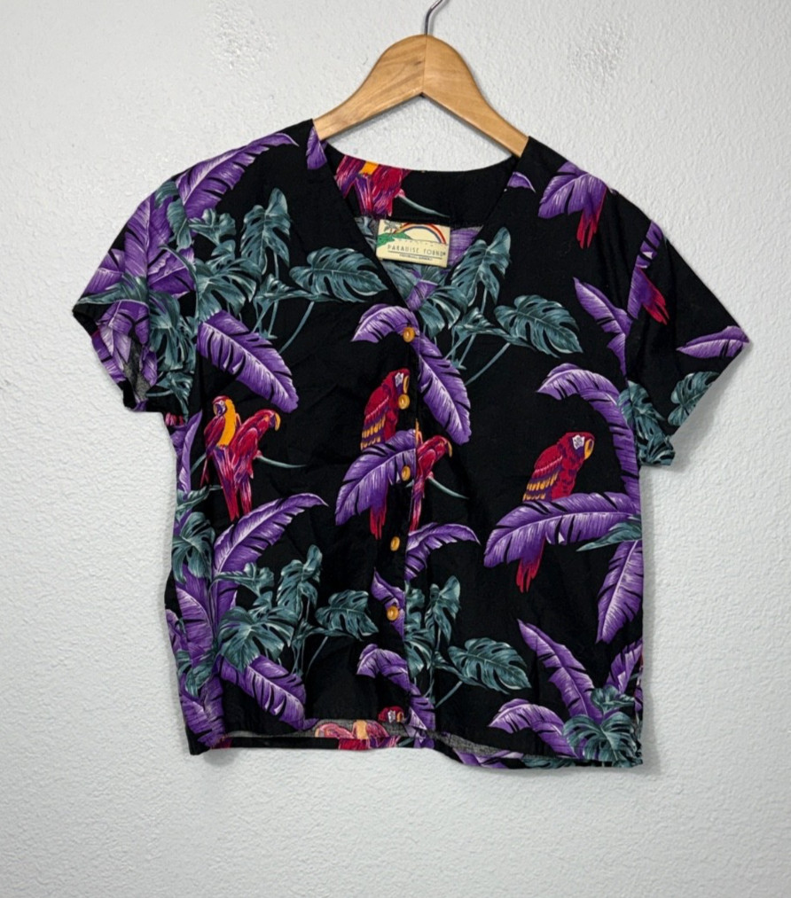 Paradise Found Hawaii Vintage Hawaiian Button Down Cropped Shirt Macaws Medium