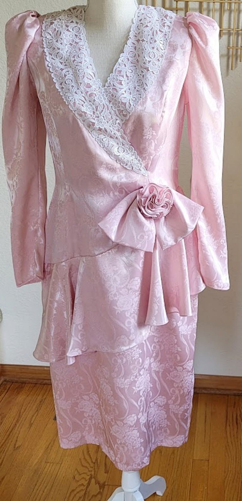 Vintage 80s Scott McClintock Pink Formal Dress 12 Gown Wedding Jacquard Peplum