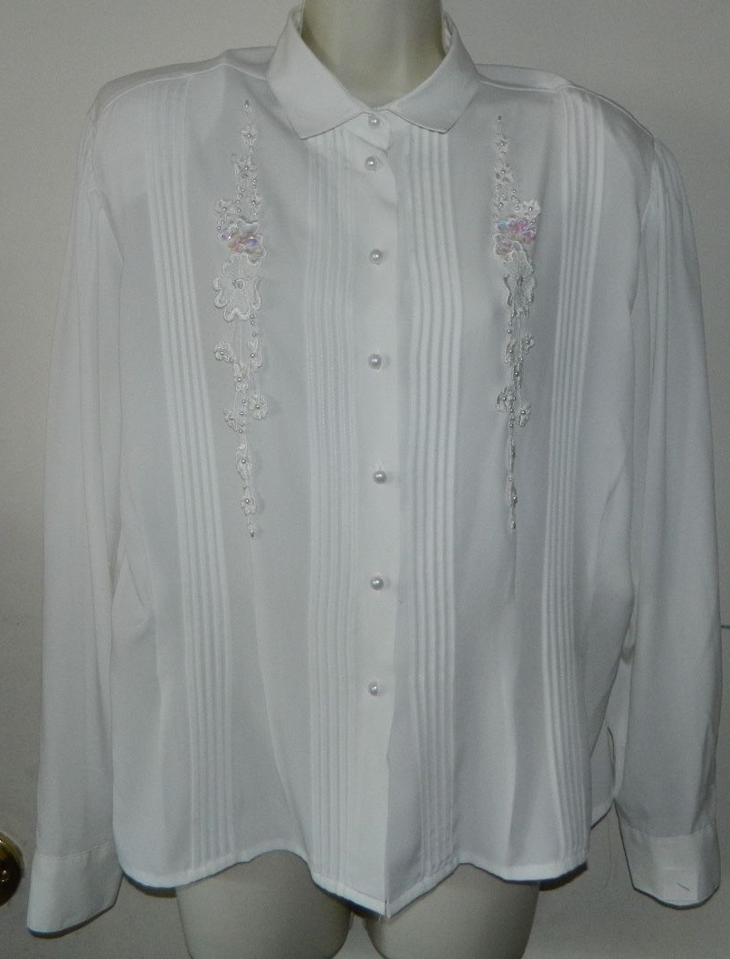 Women Vintage CHAUS Solid Ivory Button Down Shirt long Sleeve Work Casual 12