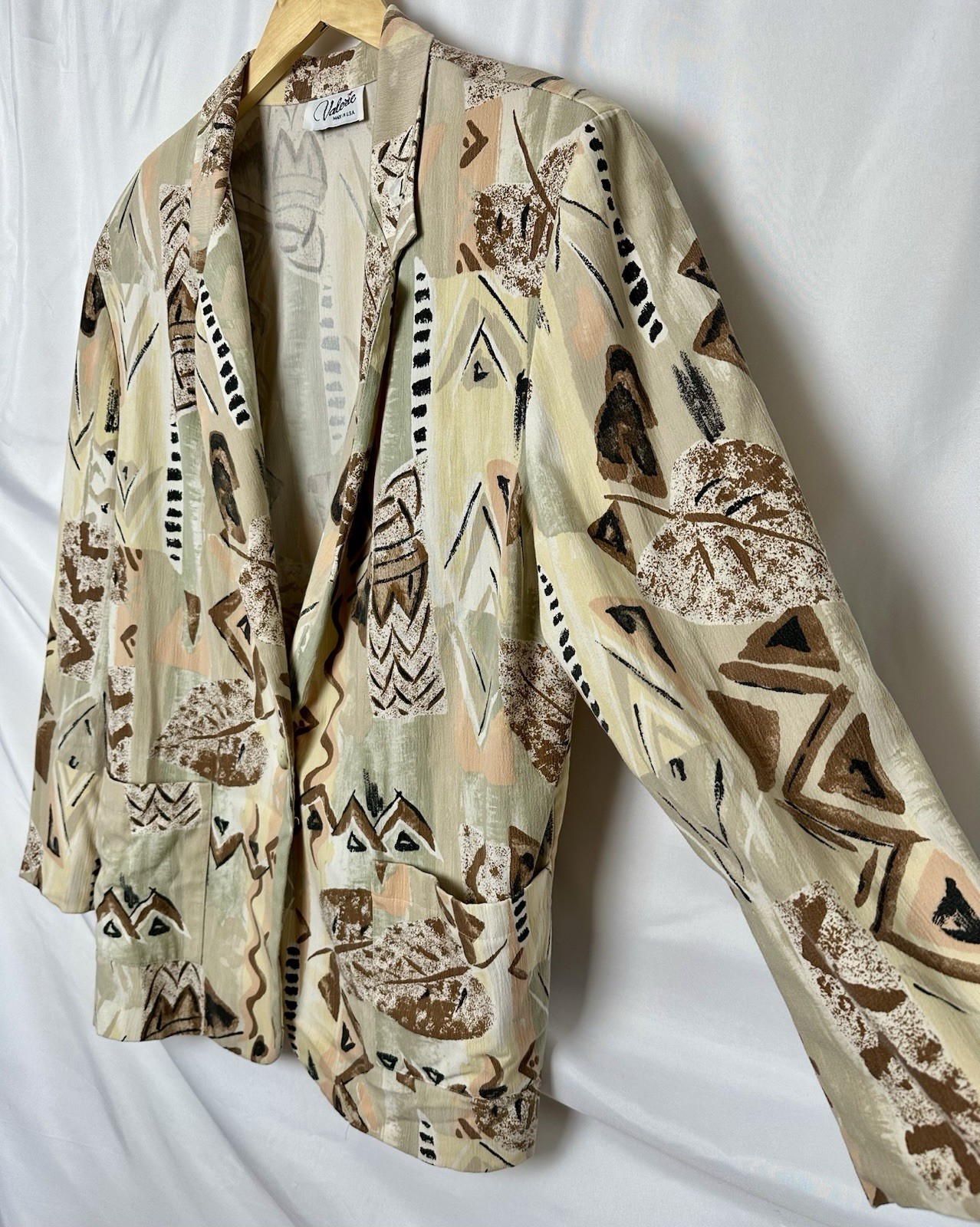 Vintage Geometric Botanical All Over Print Blazer Pastel Earthtone Valerie Sz L