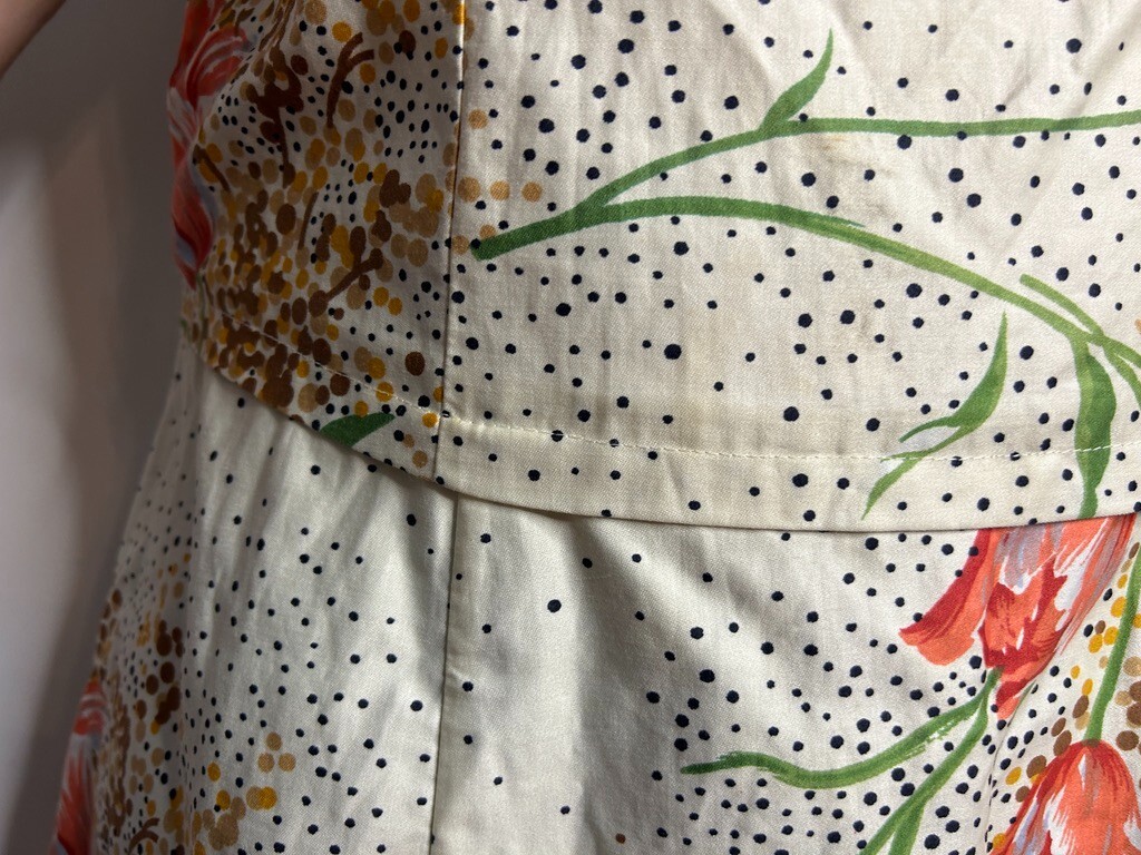 Vintage Handmade Cotton Blouson Dress Square Neckline Floral A-Line AU 12-14