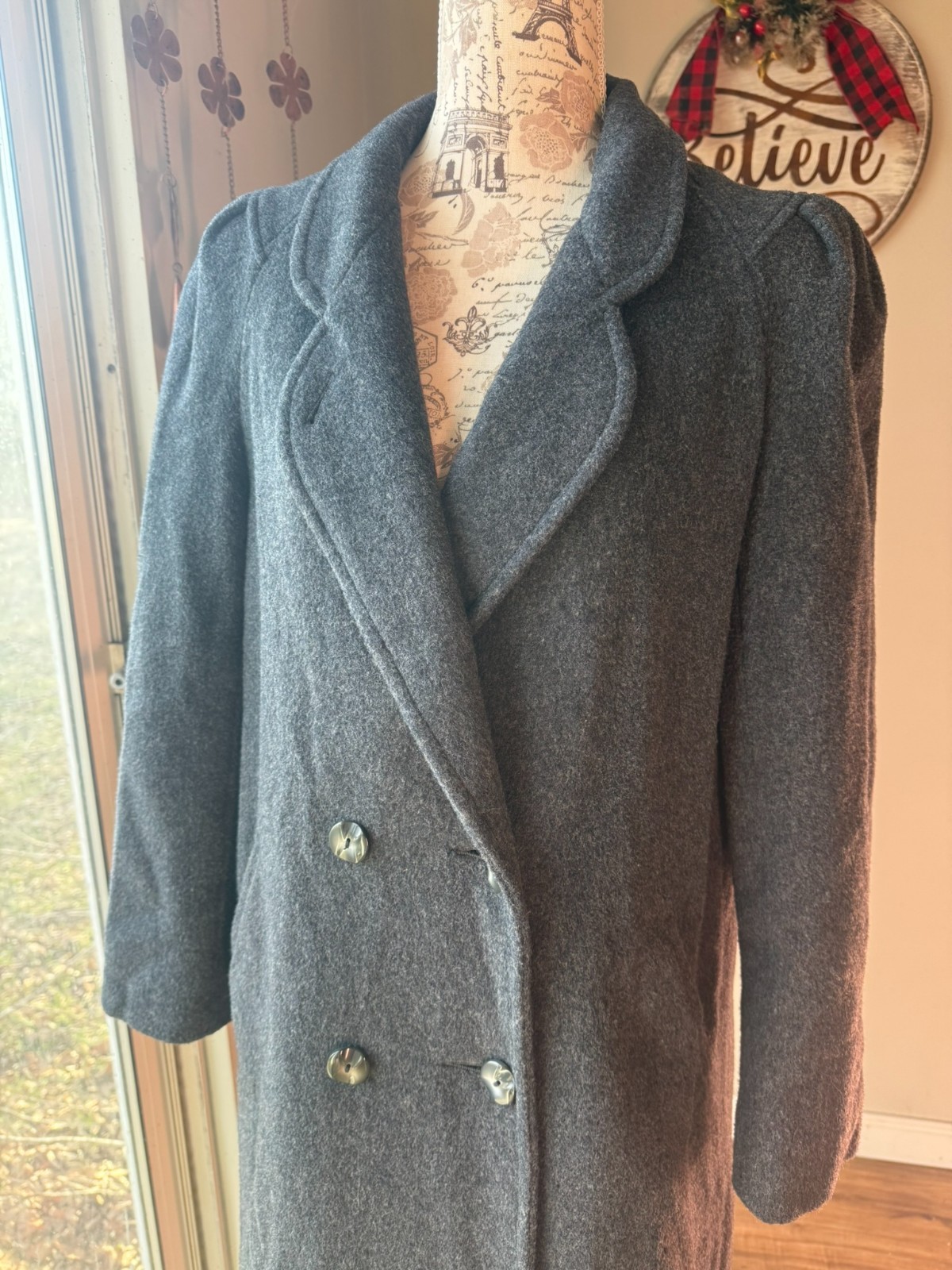 Vintage 80s 90s Gray Felted WOOL Coat FREDDI GAIL Long Double Breasted PREPPY M