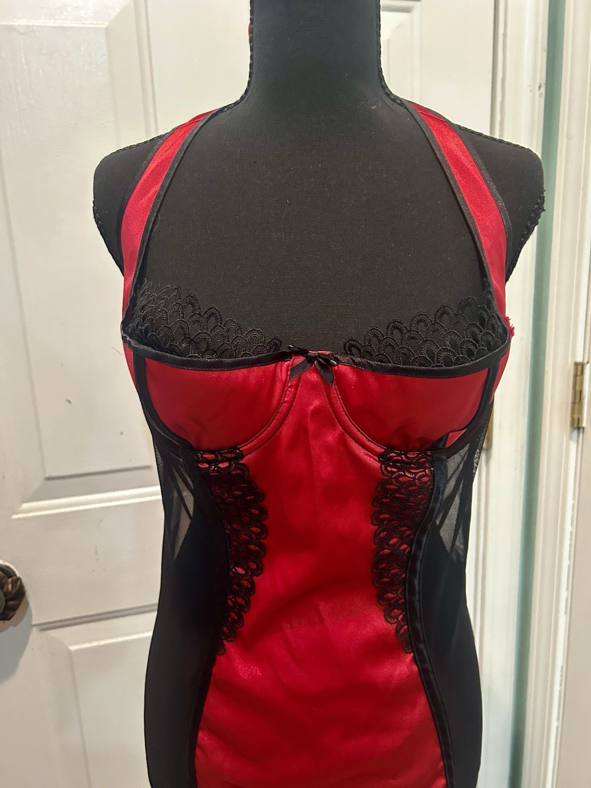 VTG Shirley of Hollywood Red Satin Black Mesh Lace Corset Style Lingerie Dress